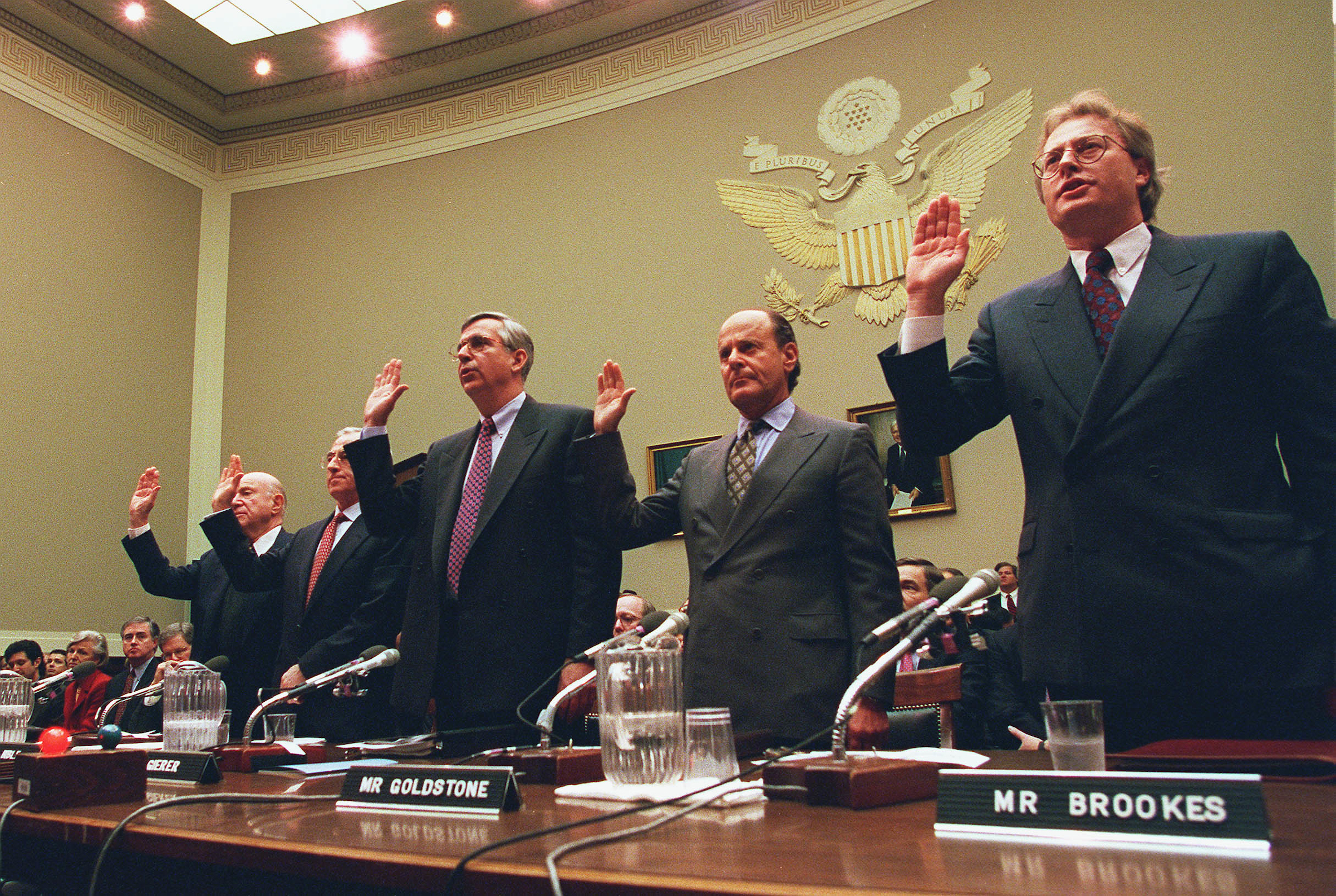 The witnesses are sworn in during the tobacco hearings before the House Committee on Commerce in January 1998. The witnesses from left to right are,Laurence A. Tisch,Co Chairman of Loews Corp.,Geoffrey Bible,Chairman Of Philip Morris,Vincent A. Gierer,Jr.,CEO UST,Inc.,Steven F. Goldstone,CEO(CONGRESSIONAL QUARTERLY PHOTO BY DOUGLAS GRAHAM)