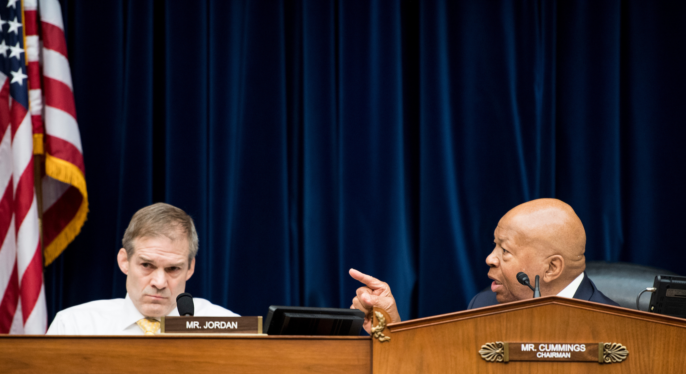 Chairman Elijah Cummings, right, speaks as ranking member Rep. Jim Jordan, listens during the House Oversight and Reform Committee markup of a resolution authorizing issuance of subpoenas related to security clearances and the 2020 Census on Tuesday. (Bill Clark/CQ Roll Call)