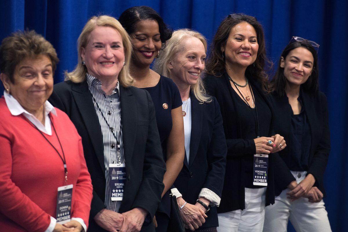 Members of the freshmen class address the press. From left, Reps. Donna Shalala, D-Fla., Sylvia Garcia, D-Texas, Jahana Hayes, D-Conn., Mary Gay Scanlon, D-Pa., Veronica Escobar, D-Texas, and Alexandria Ocasio-Cortez, D-N.Y.(Tom Williams/CQ Roll Call)