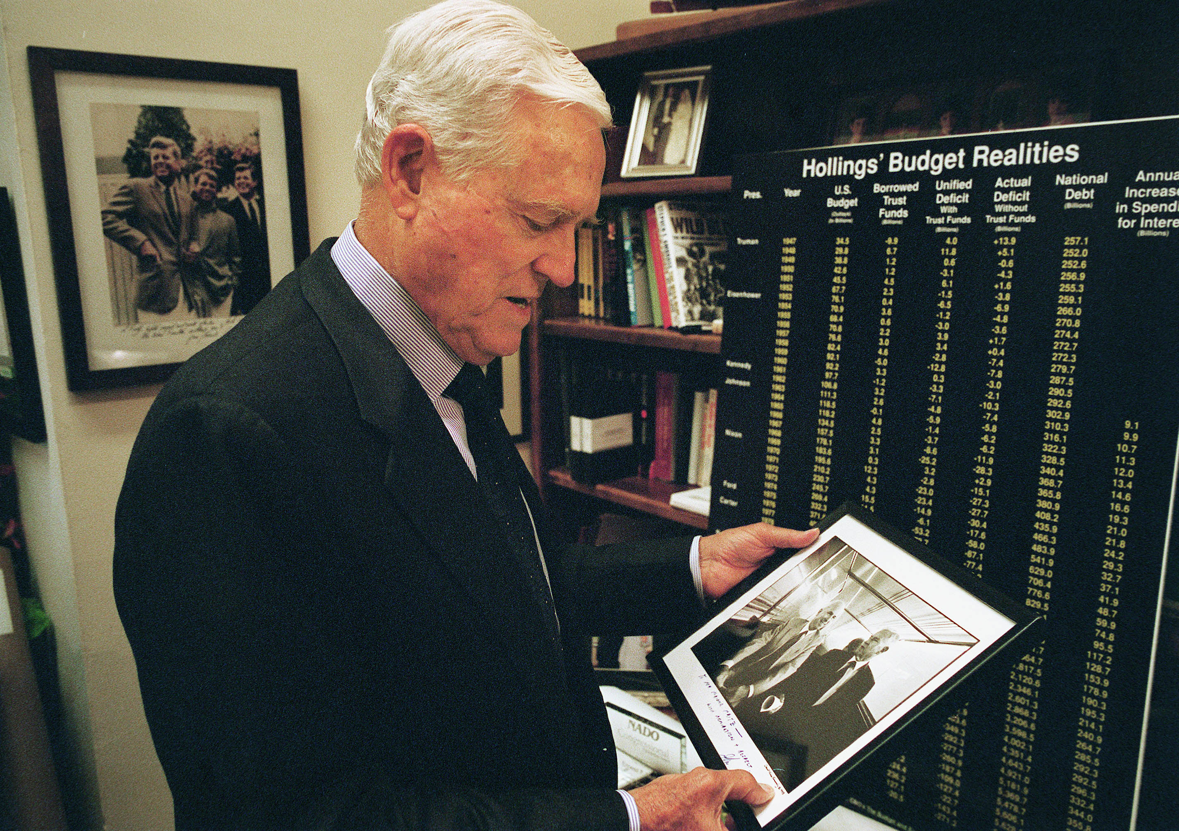 During an interview in his office in 1993, Sen. Ernest F. Hollings, D-S.C., looks at a photo of himself with Sen. John McCain, R-Ariz. (Scott Ferrell/CQ Roll Call file photo)