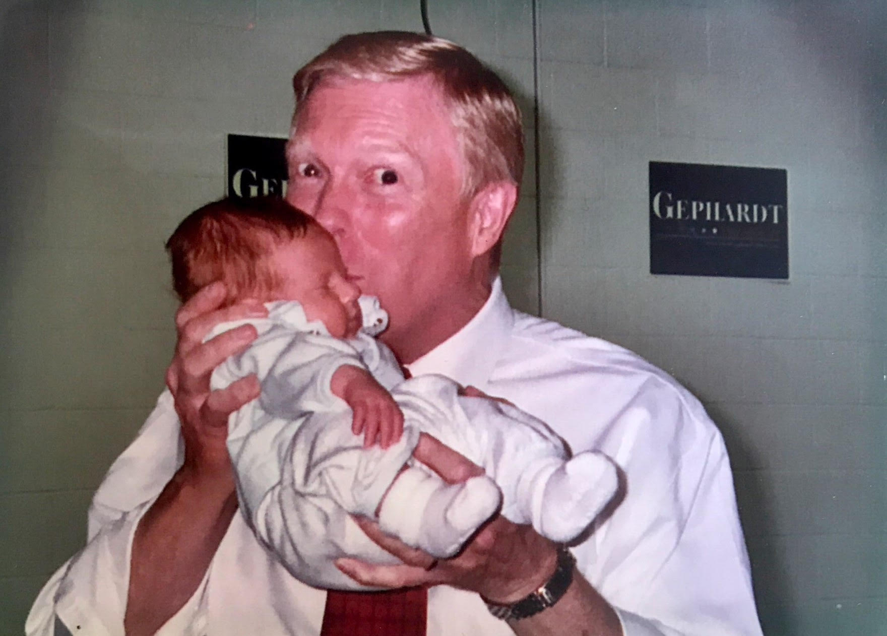 Gephardt with newborn Truman Lapp on the campaign trail in Iowa during his 2004 run for president. (Courtesy John Lapp)