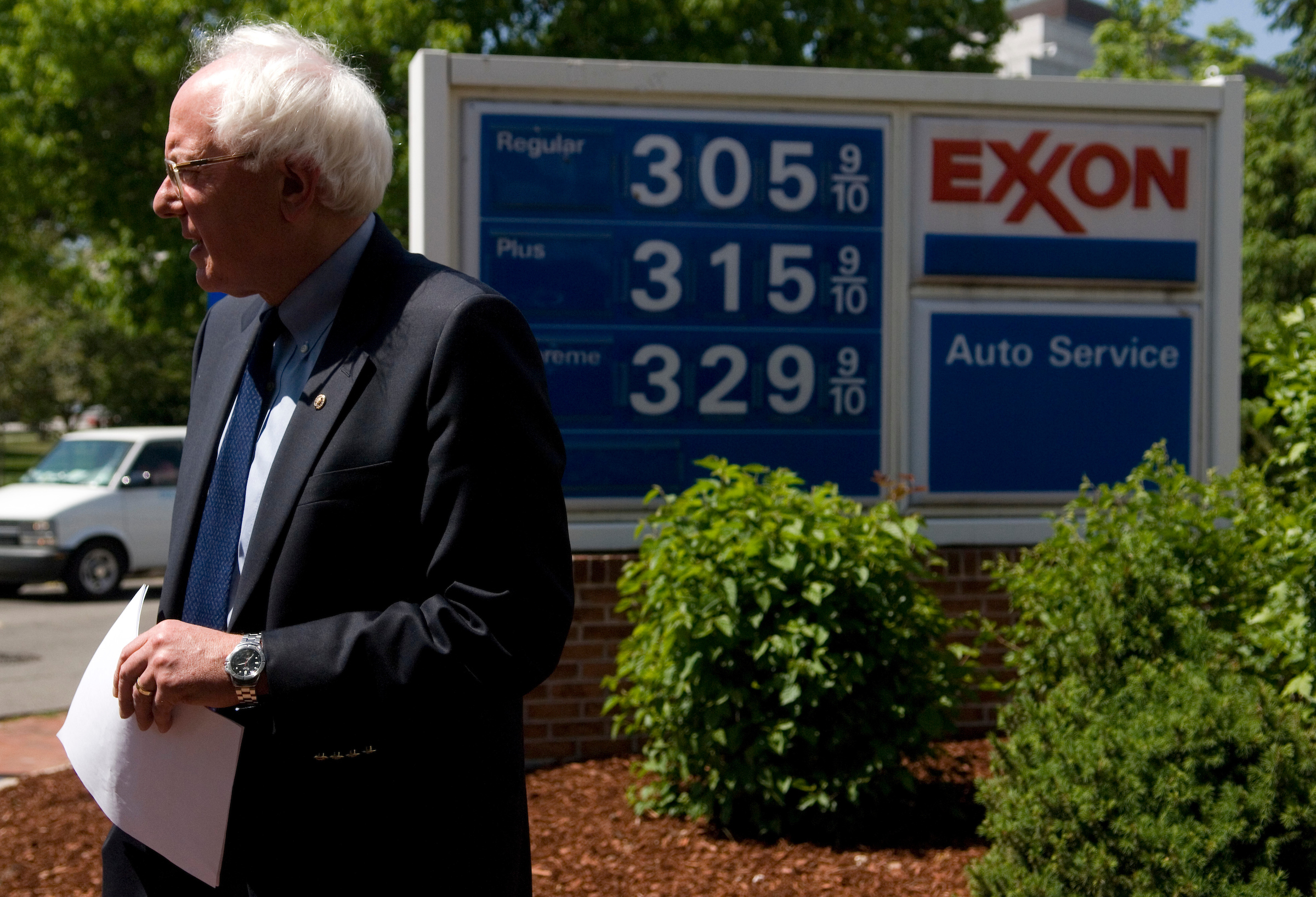 Vermont Sen. Bernie Sanders, here at the Exxon gas station at Second and Massachusetts Avenue Northeast in Washington in 2007 for a news conference on price-gouging at the gas pumps, voted for a federal gas tax increase in 1993 — the last time it was raised. (CQ Roll Call file photo) 