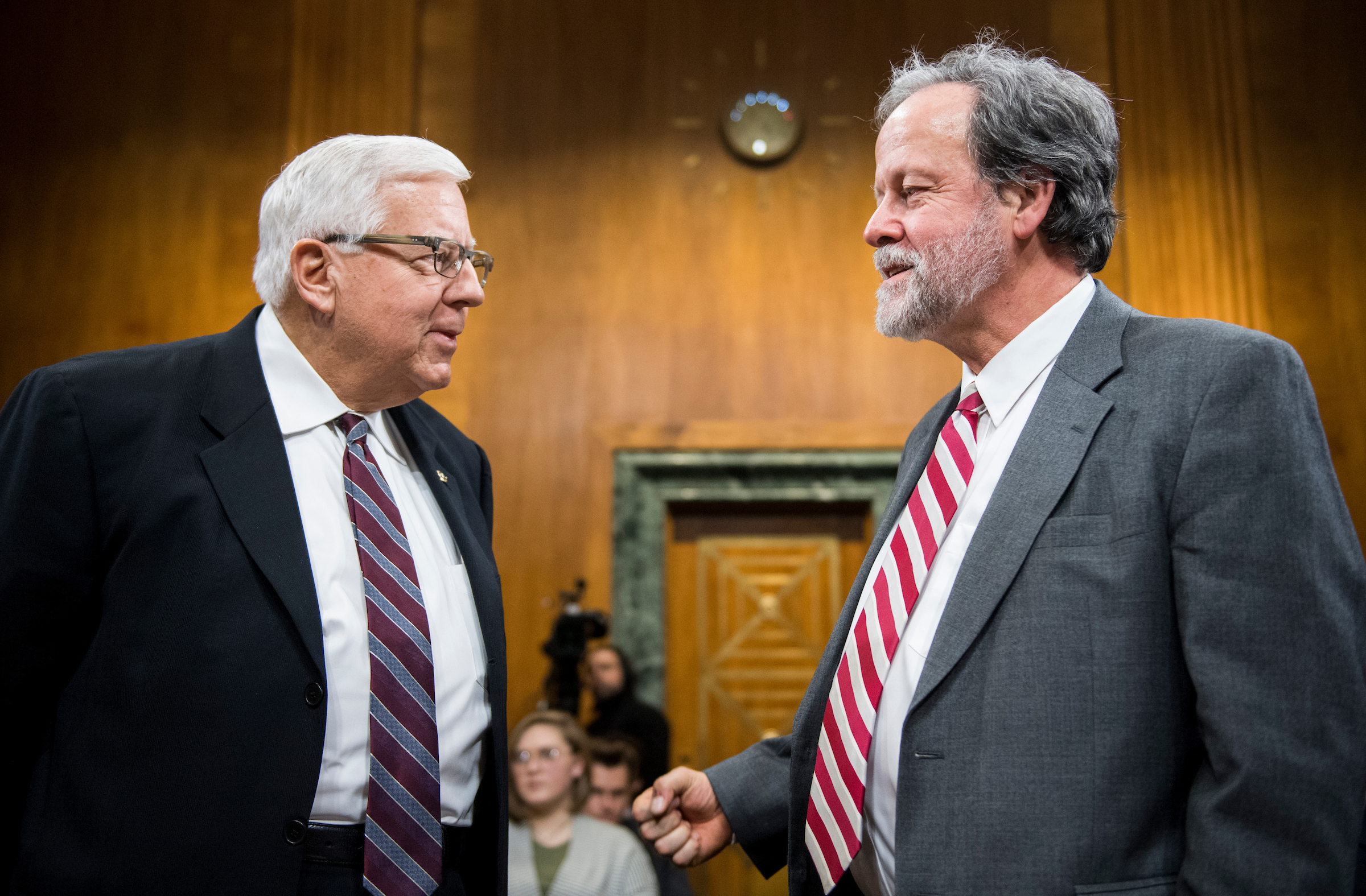 Departing CBO Director Keith Hall, right, here with Senate Budget Chairman Michael B. Enzi in 2018, has been serving in a temporary capacity since January. (Bill Clark/CQ Roll Call file photo)