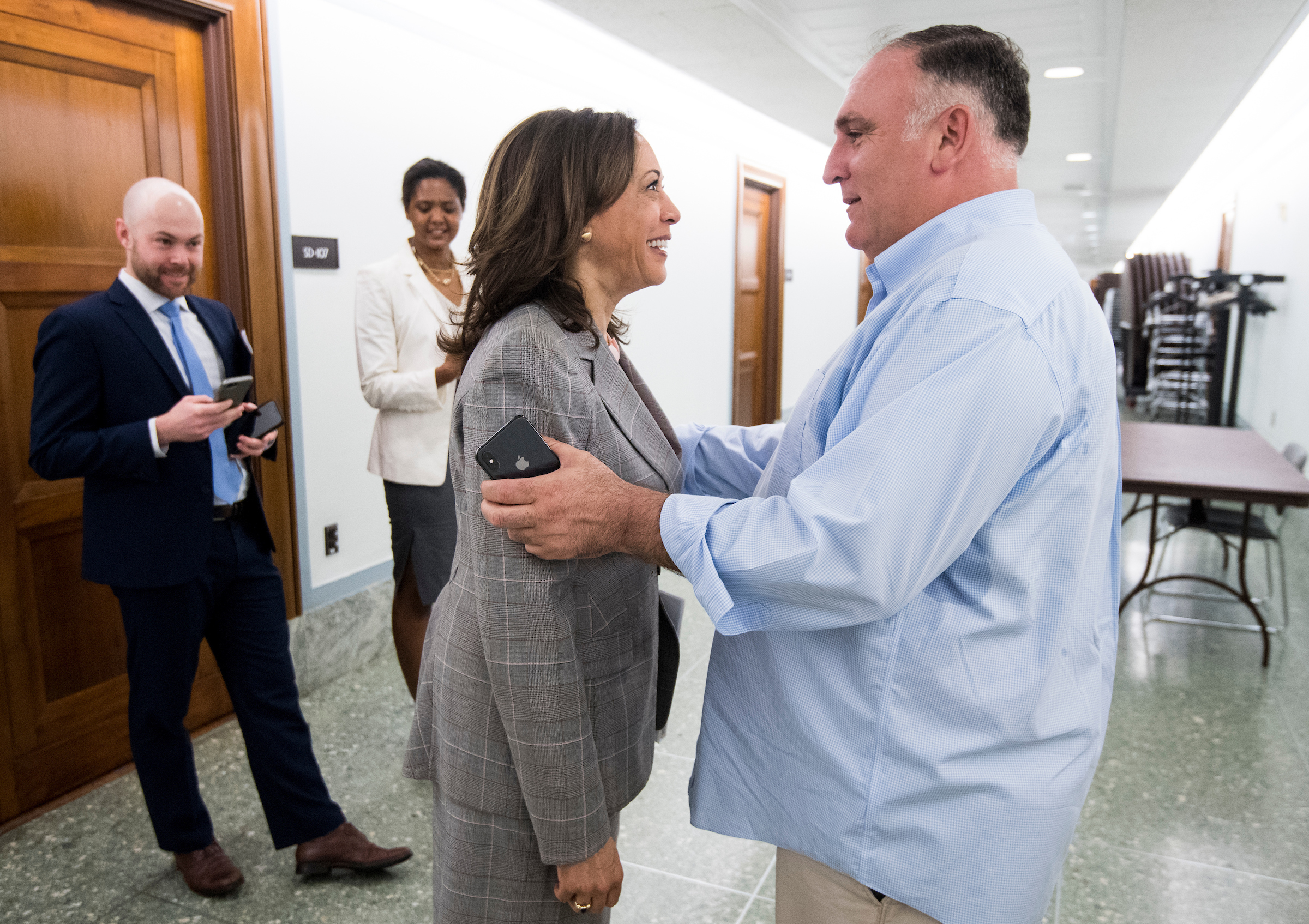 Sen. Kamala Harris, D-Calif., and chef Jose Andres talk after running into each other in the Dirksen Senate Office Building on Thursday, May 23, 2019. Andres was on Capitol Hill for a briefing held by the Power 4 Puerto Rico Coalition, calling on Congress to help Puerto Rico achieve future growth and prosperity after the devastation caused by Hurricane Maria. On Thursday the Senate approved a $19.1 billion disaster aid deal which included $600 million in nutrition assistance to Puerto Rico to help restore funding that ran dry in March. (Bill Clark/CQ Roll Call)