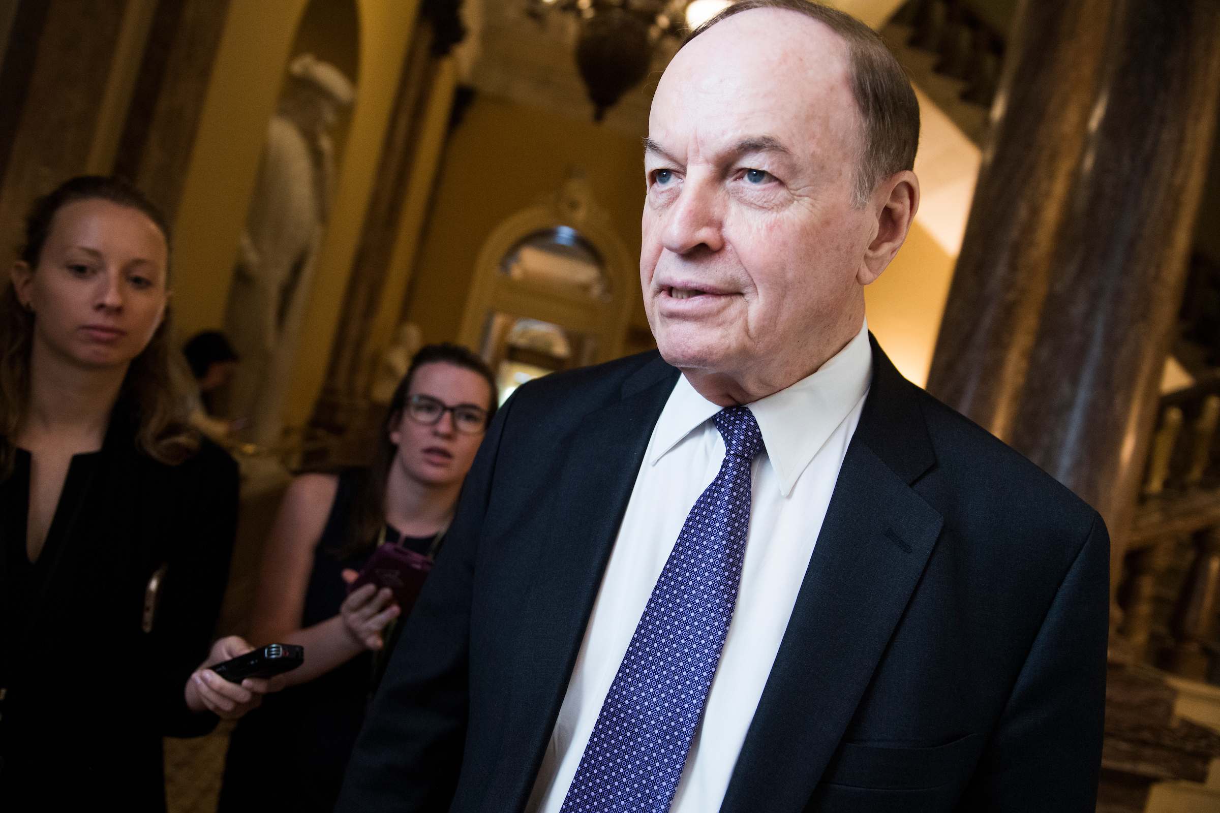 Sen. Richard Shelby, R-Ala., talks with reporters before the Senate Policy luncheons in the Capitol on May 7, 2019. On Wednesday Shelby said Republicans are mulling a counterproposal from Democrats on a multibillion-dollar package of supplemental aid for disaster victims, which includes money for addressing an influx of migrants at the U.S.-Mexico border. (Tom Williams/CQ Roll Call)