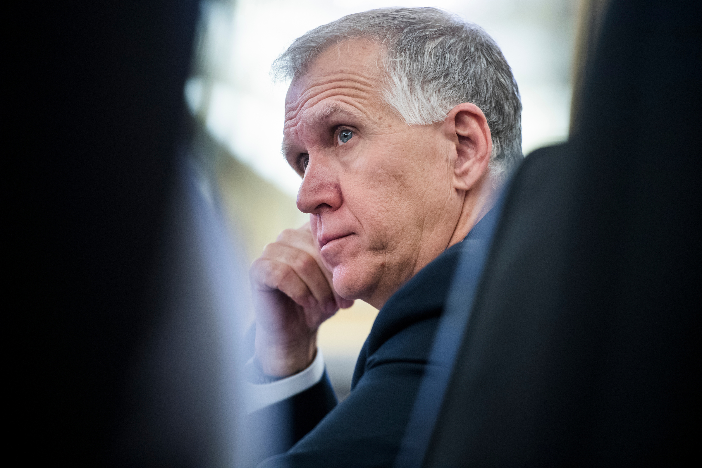 Sen. Thom Tillis, R-N.C., attends a Senate Veterans’ Affairs Committee hearing in the Russell Senate Office Building on March 26, 2019. Tillis is chairman of the Senate Armed Services Personnel Subcommittee, which quickly approved its portion of the fiscal 2020 defense authorization bill. It included a military pay raise and 7,700 additional troops. (Tom Williams/CQ Roll Call file photo).