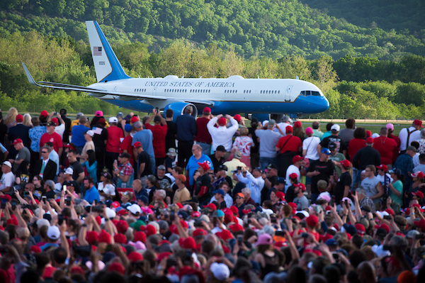 Air Force One arrives with President Donald Trump for a rally in Montoursville, Pa., on May 20. (Tom Williams/CQ Roll Call file photo)