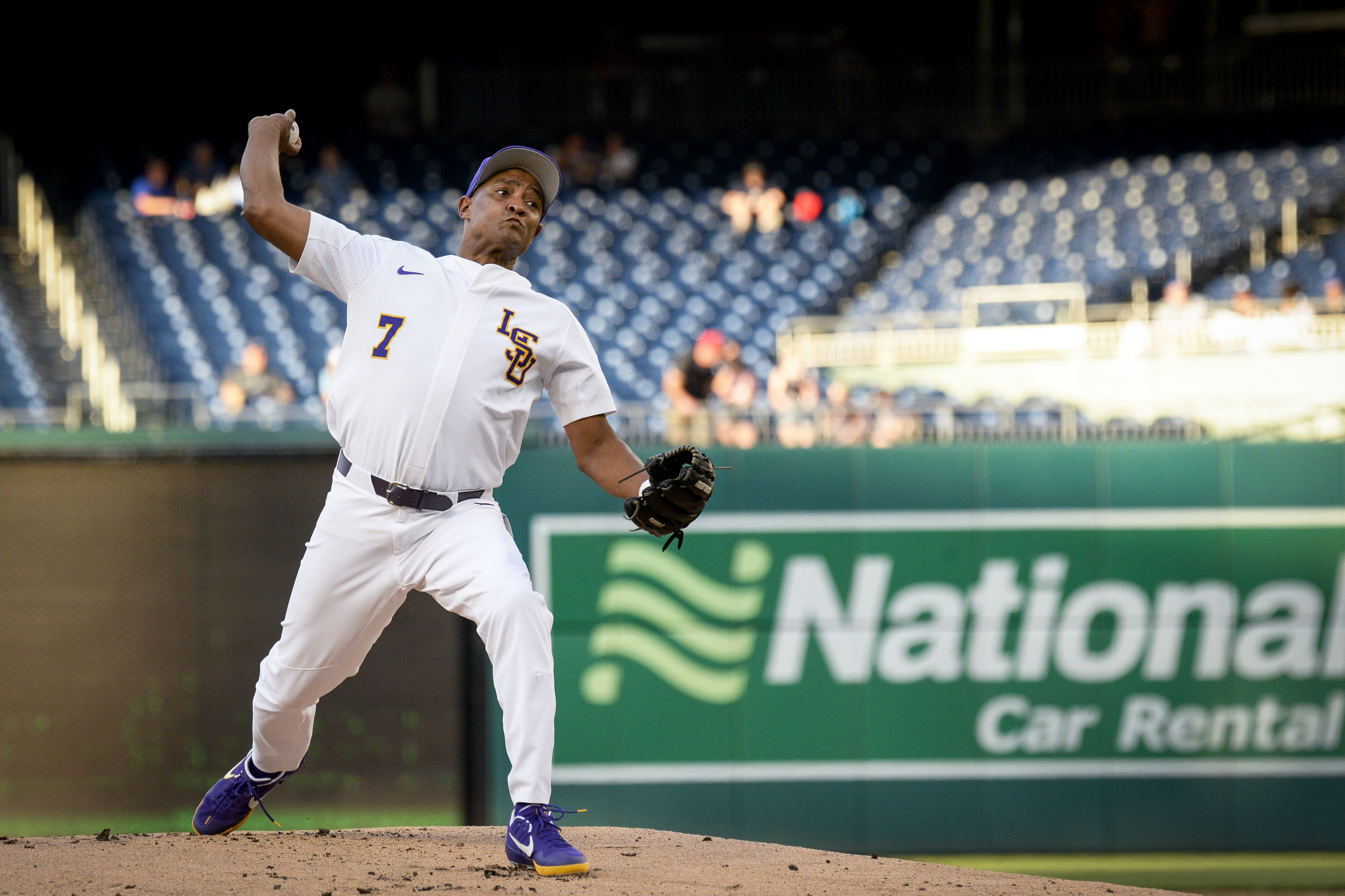 UNITED STATES - JUNE 26: Rep. Cedric Richmond, D-La., throws a pitch during the 58th annual Congressional Baseball Game at Nationals Park on Wednesday June 26, 2019. (Photo by Caroline Brehman/CQ Roll Call)