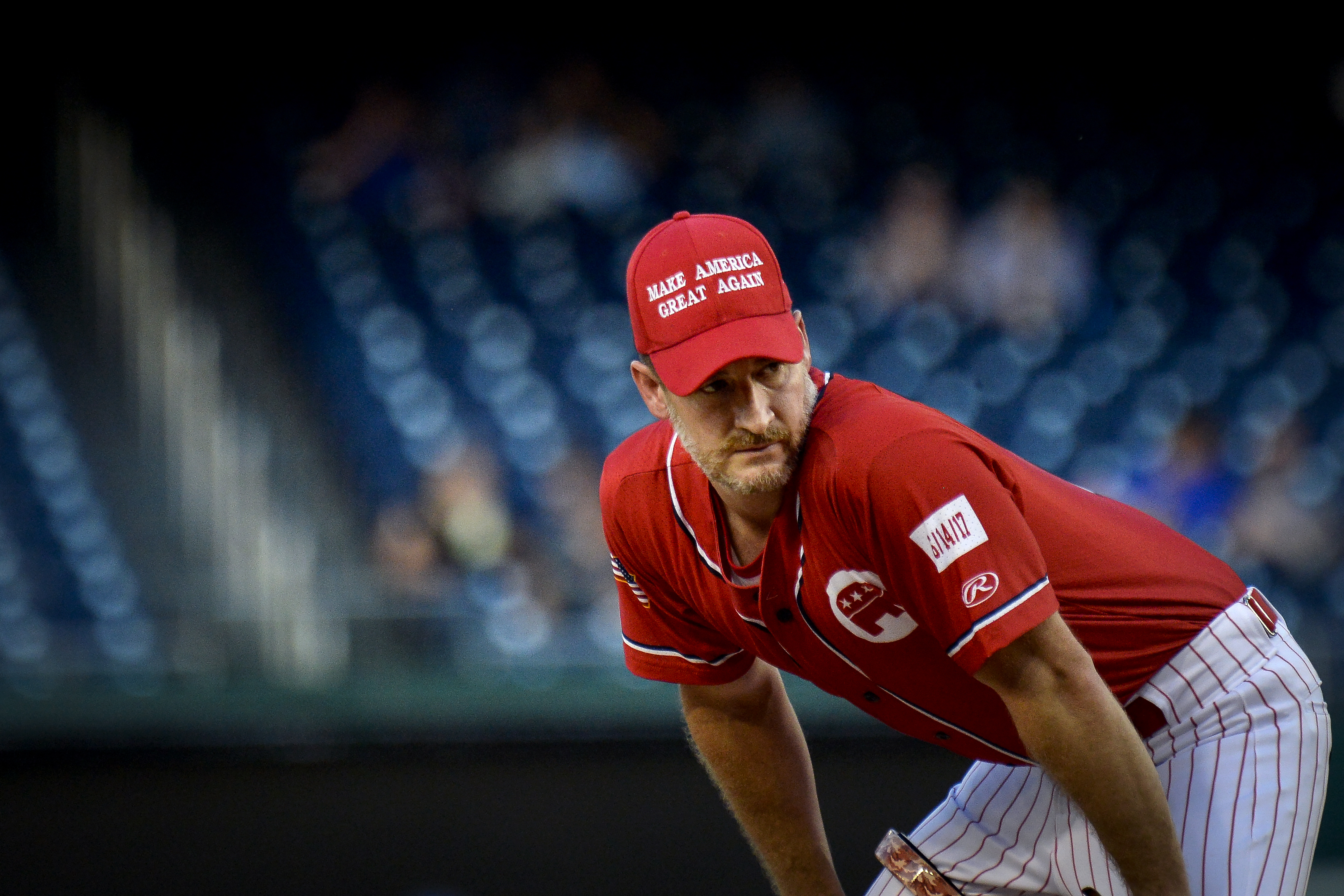 UNITED STATES - JUNE 26: Rep. Greg Steube, R-Fla., wears a Make America Great Again hat as he pitches during the 58th annual Congressional Baseball Game at Nationals Park on Wednesday June 26, 2019. (Photo by Caroline Brehman/CQ Roll Call)