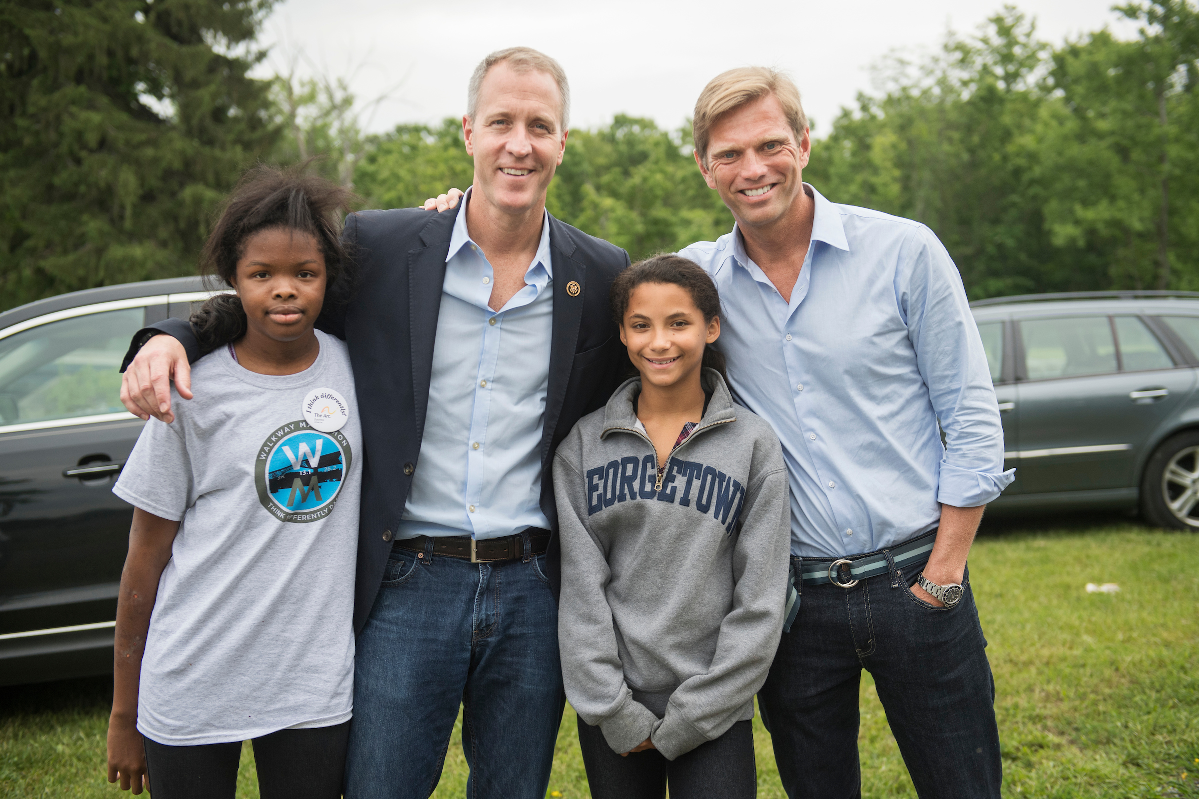 UNITED STATES - JUNE 11: Rep. Sean Patrick Maloney, D-N.Y., and his husband Randy Florke, right, pose with their daughters Daley, 15, left, and Essie, 13, in the Newburgh, N.Y., near the Water Department, June 11, 2016. Maloney was touring Lake Washington which has contaminated water. (Photo By Tom Williams/CQ Roll Call)
