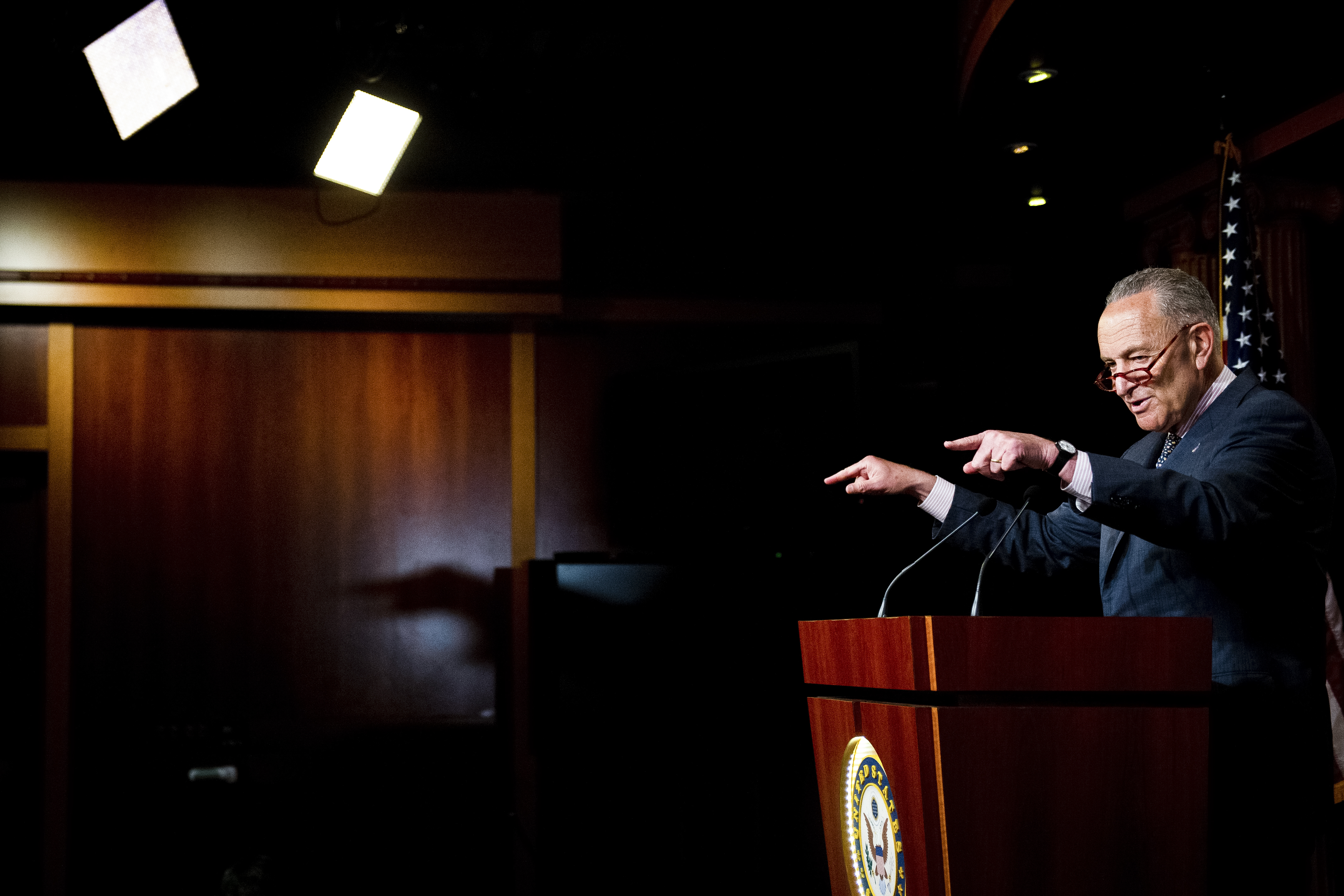 UNITED STATES - JUNE 18: Senate Minority Leader Charles Schumer, D-N.Y., conducts a news conference in the Capitol in Washington on Tuesday June 18, 2019. (Photo by Caroline Brehman/CQ Roll Call)