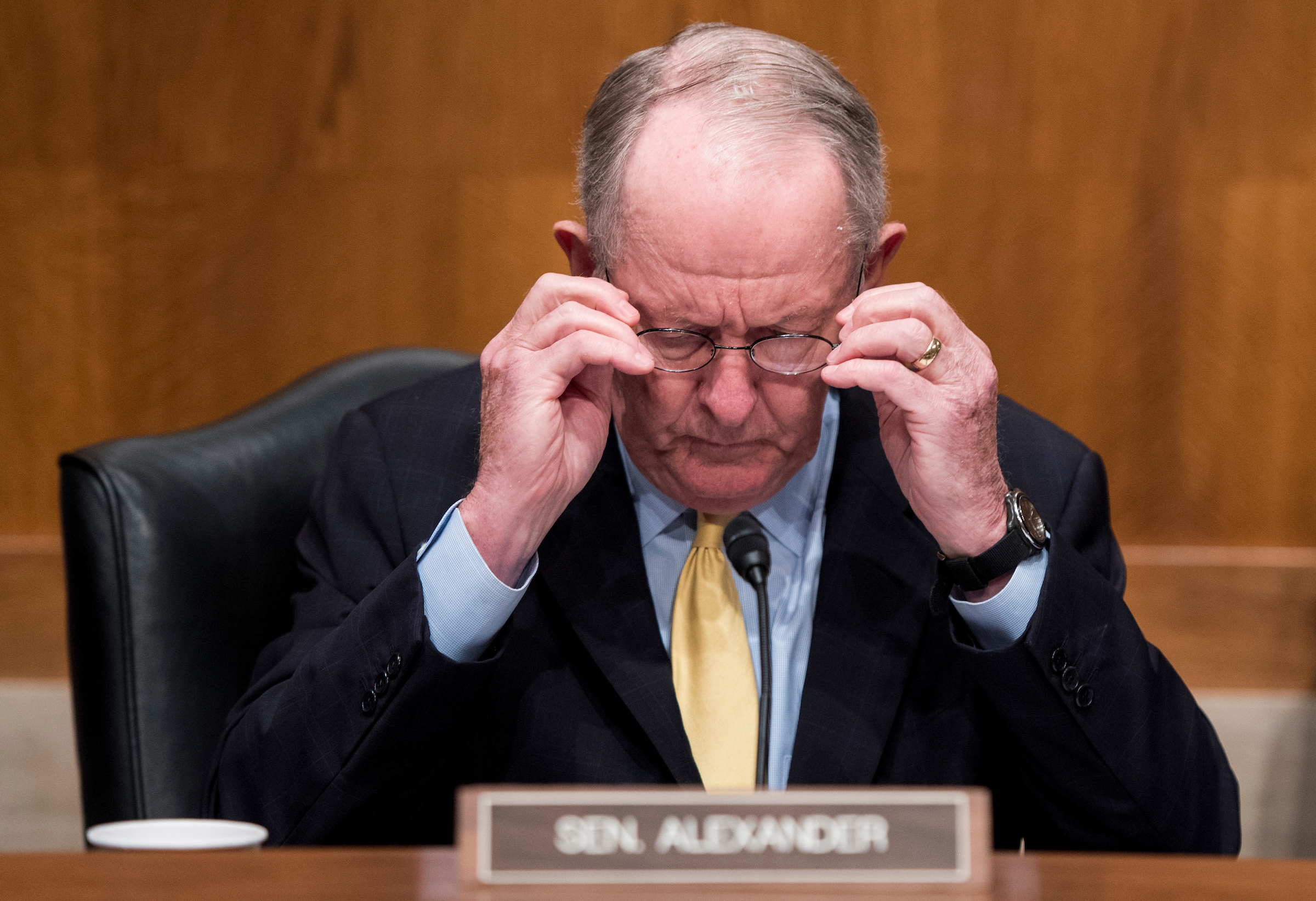 Chairman Sen. Lamar Alexander takes his seat for a Senate Health, Education, Labor and Pensions hearing this month. The panel on Wednesday approved a bill meant to lower health care costs. (Bill Clark/CQ Roll Call)