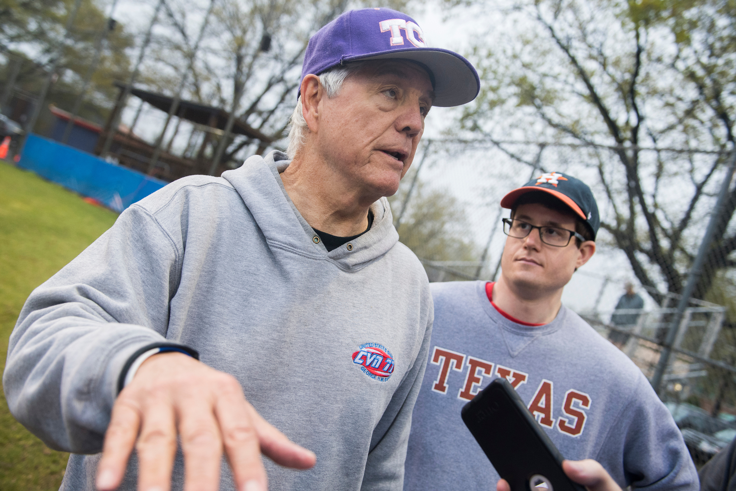 Capitol Hill staffer Zack Barth, right — here with his boss, Texas Rep. Roger Williams, at a GOP practice last year — is feeling optimistic about the Republicans’ chances in next week’s Congressional Baseball Game. (Tom Williams/CQ Roll Call file photo)