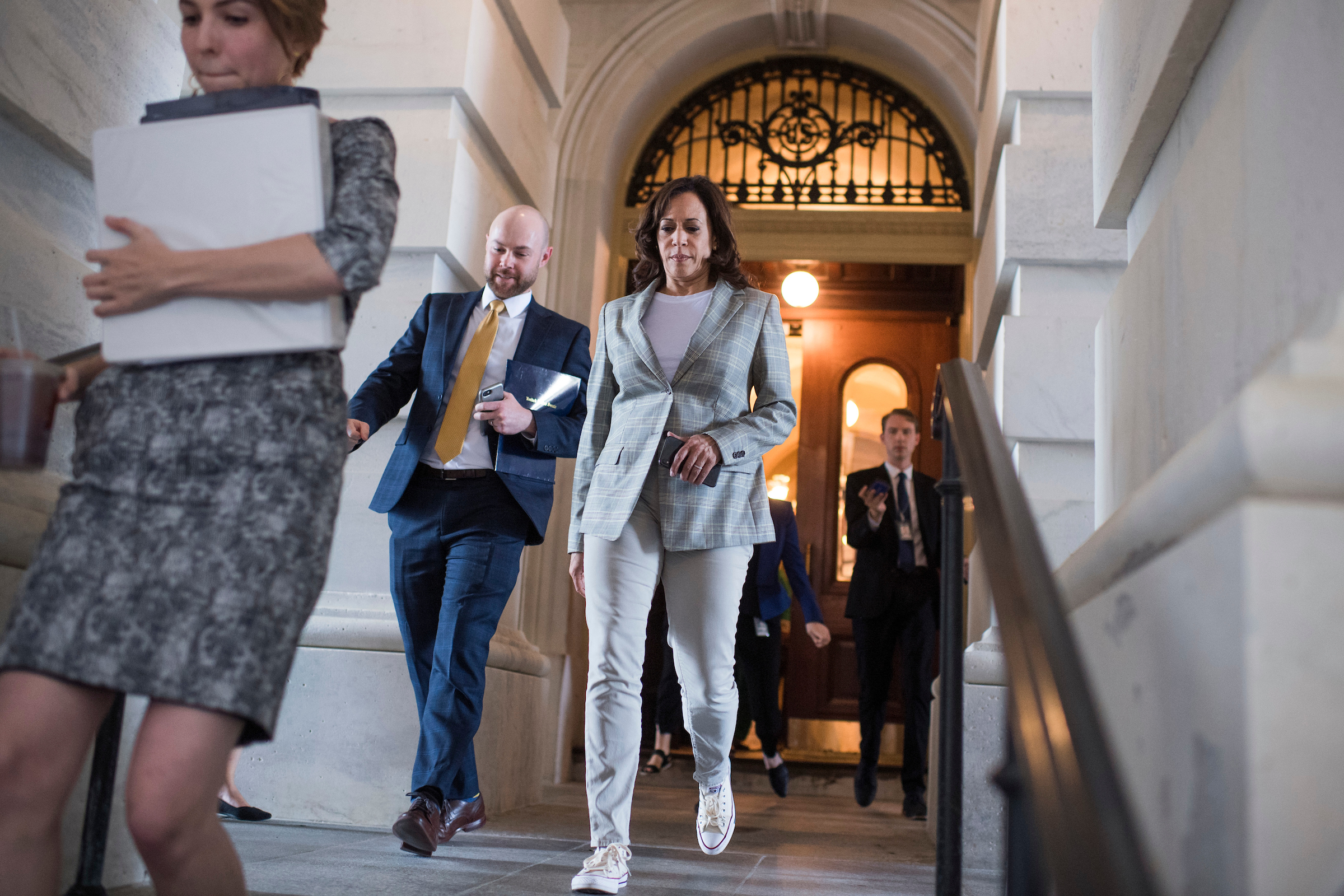 Democratic presidential candidate and California Sen. Kamala Harris leaves the Capitol Friday after voting on an amendment that would prohibit a U.S. strike on Iran without Congressional authorization on Friday. (Tom Williams/CQ Roll Call)