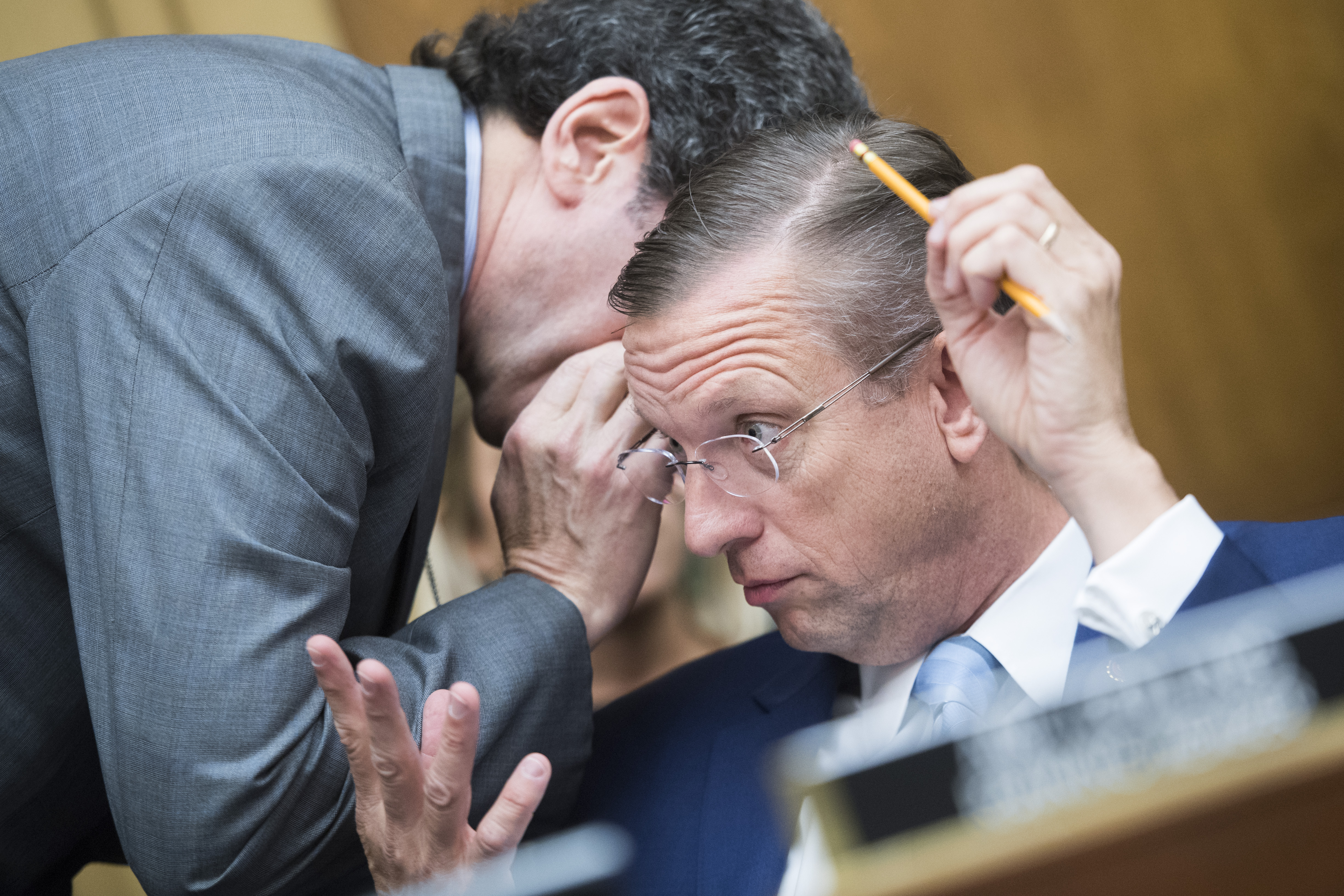 UNITED STATES - JUNE 20: Ranking member Rep. Doug Collins, R-Ga., right, talks with counsel Norman Eisen during a House Judiciary Committee hearing titled 