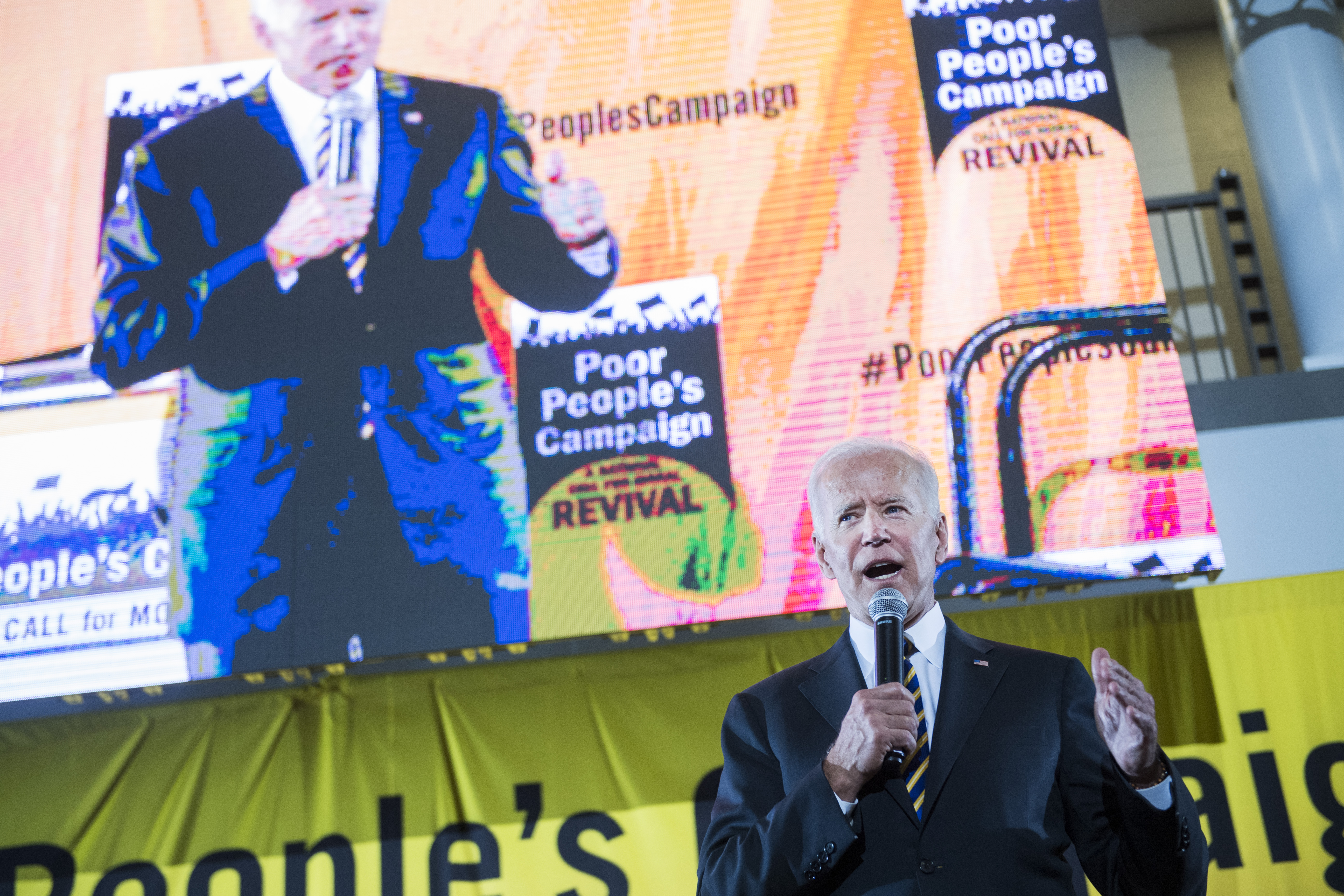 Democratic candidate Joe Biden speaks during the Poor People’s Moral Action Congress forum for presidential candidates at Trinity Washington University on Monday. (Tom Williams/CQ Roll Call)