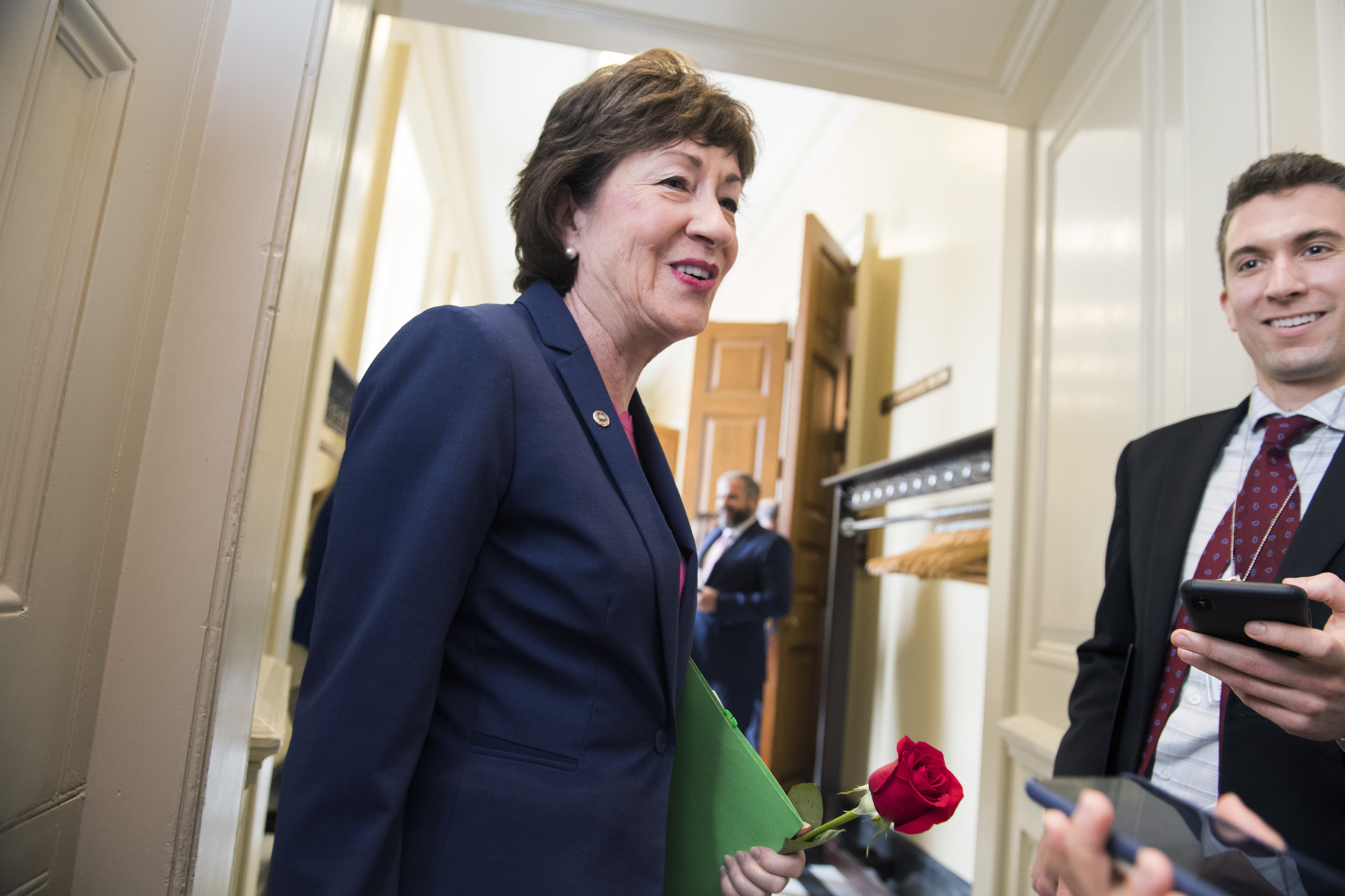 UNITED STATES - JUNE 18: Sen. Susan Collins, R-Maine, talks with a reporter before the Senate Policy luncheons in the Capitol on Tuesday, June 18, 2019. (Photo By Tom Williams/CQ Roll Call)