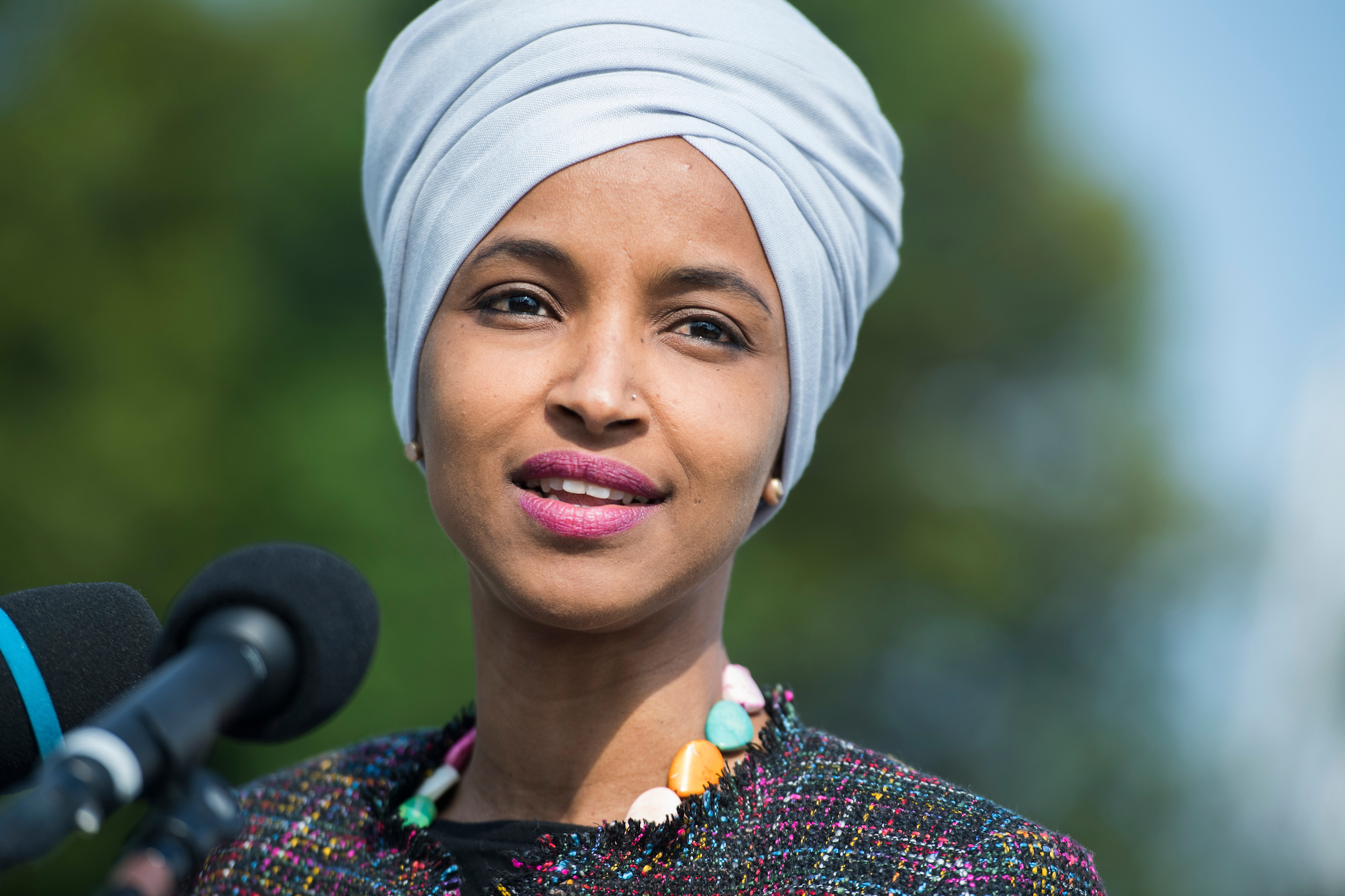 Rep. Ilhan Omar, D-Minn., attends a news conference at the House Triangle, on legislation to create special immigrant visas for Iraqi and Afghan wartime translators on Thursday, May 16, 2019. (Photo By Tom Williams/CQ Roll Call)