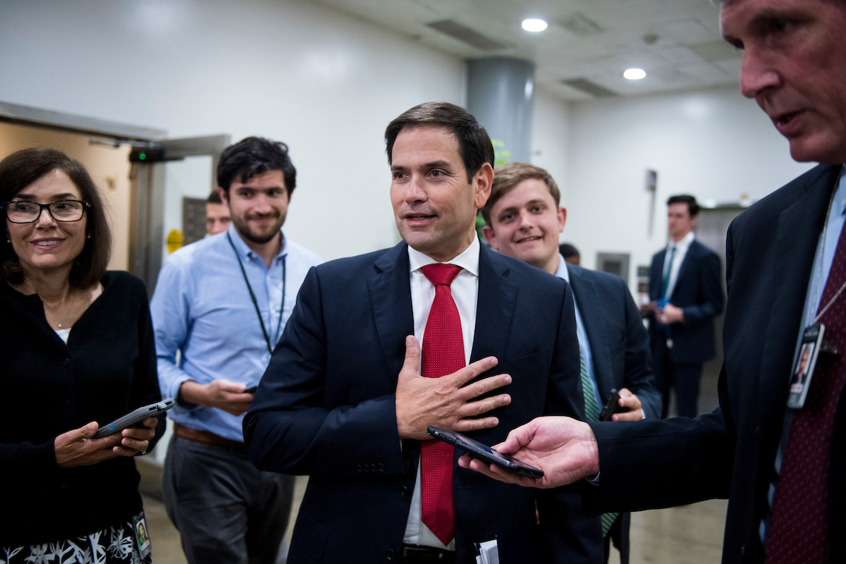 Sen. Marco Rubio, R-Fla., speaks with reporters as he leaves the closed briefing on election security in the Capitol on Wednesday. (Bill Clark/CQ Roll Call)