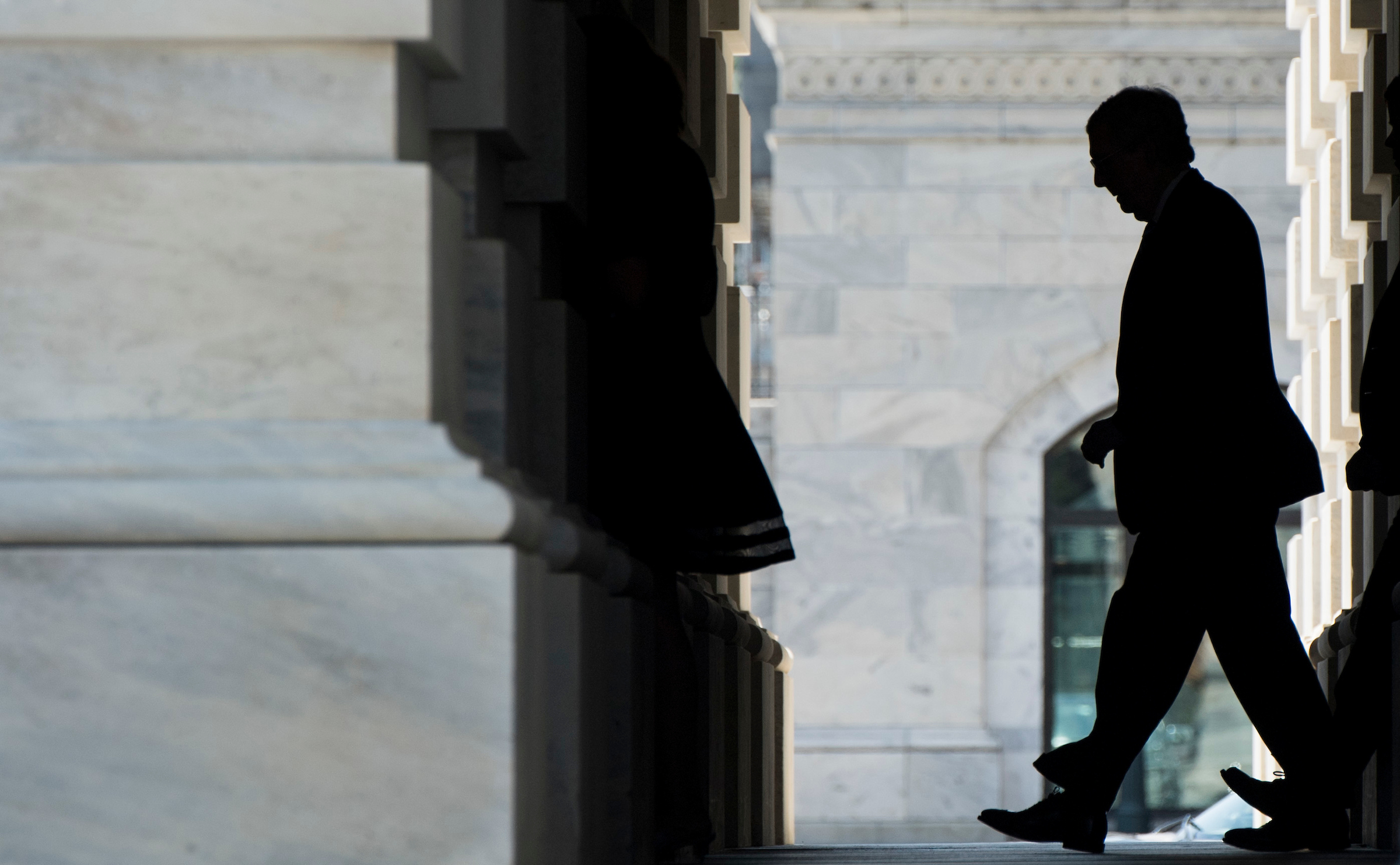 Senate Majority Leader Mitch McConnell leaves the Capitol on Tuesday for a Senate Republican’ policy lunch at the National Republican Senate Committee. (Bill Clark/CQ Roll Call)