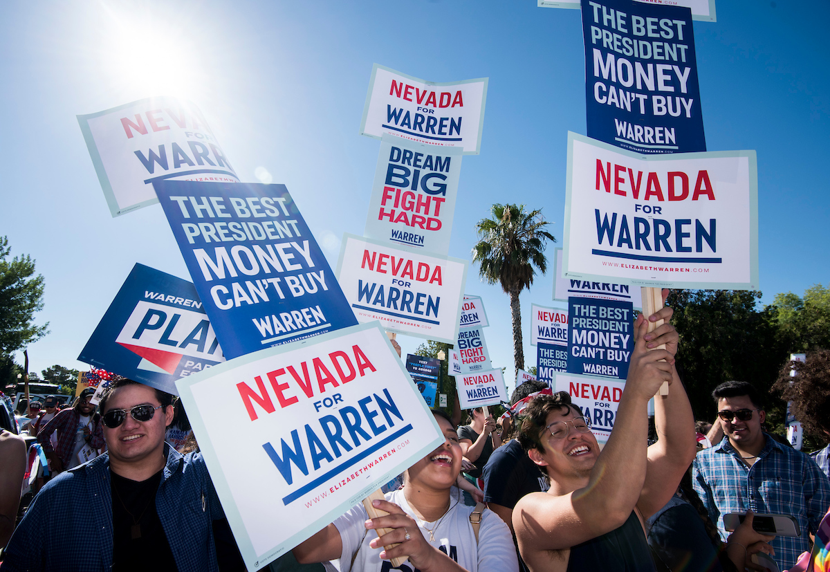 UNITED STATES - JULY 4: Supporters of presidential candidate Sen. Elizabeth Warren, D-Mass., chant before the start of the start of the Boulder City Damboree Celebration 4th of July parade in Boulder City, NV on July 4, 2019. (Photo By Bill Clark/CQ Roll Call)