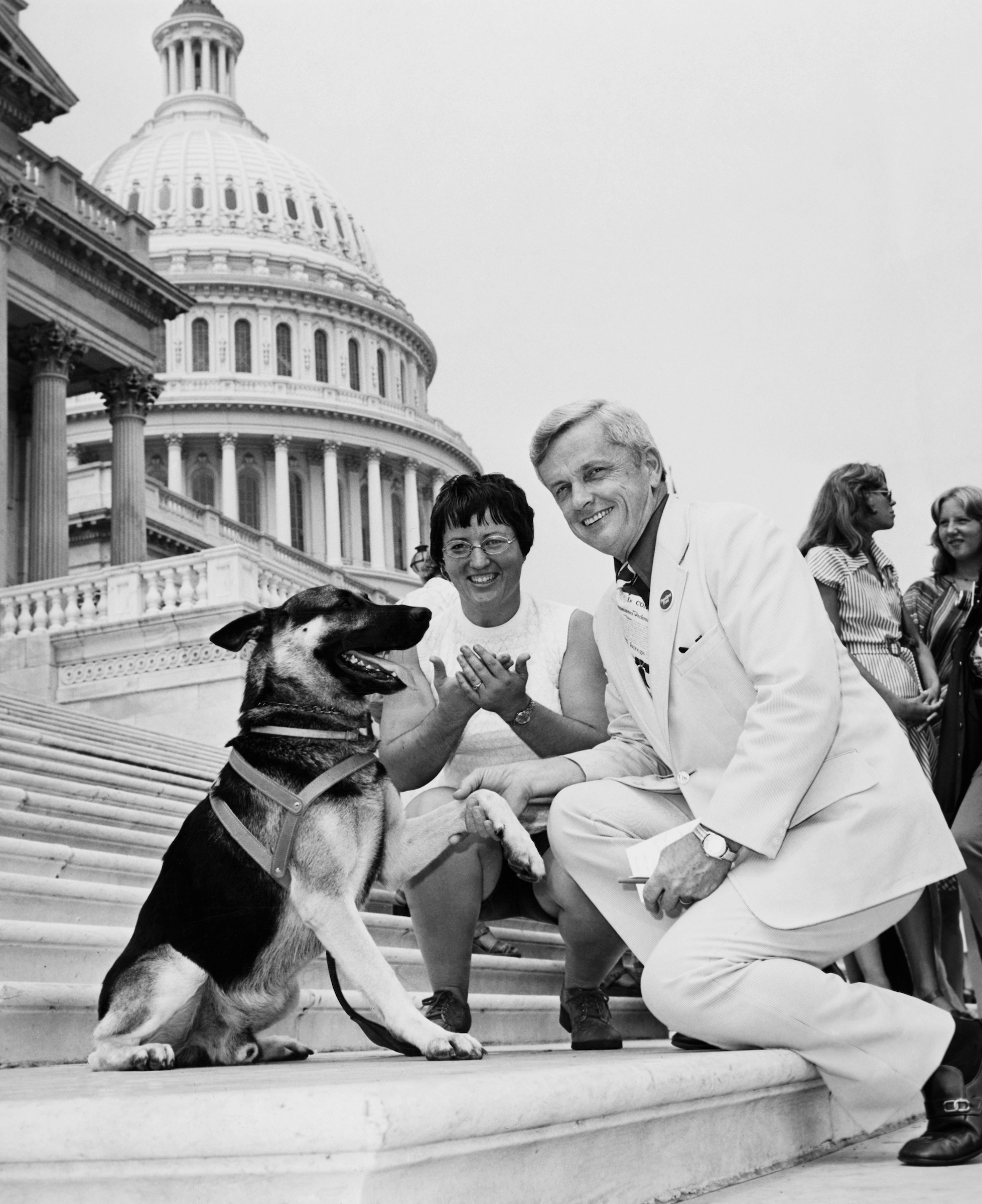Rep. Paul Findley, R-Ill. skakes paws with "Fritz" a hearing ear dog. Deanne Witte (deaf) teaches at the Illinois Deaf College. She is here to help out at Galaudet College for Deaf. Fritz understands deaf sign language. (1976 Photo by Mickey Senko/CQ Roll Call)