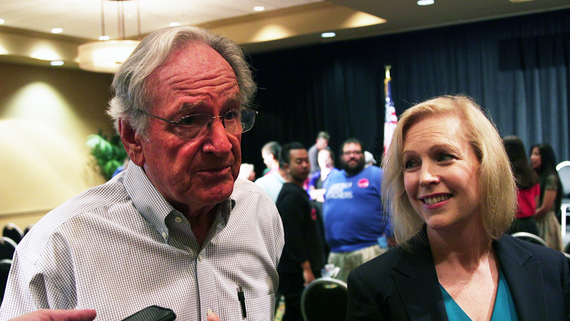 UNITED STATES - AUGUST 11: Former Sen. Tom Harkin and Sen. Kirsten Gillibrand speak to reporters at a community conversation to discuss disability rights at the Holiday Inn in West Des Moines on August 11, 2019 (Photo by Thomas McKinless/CQ Roll Call).
