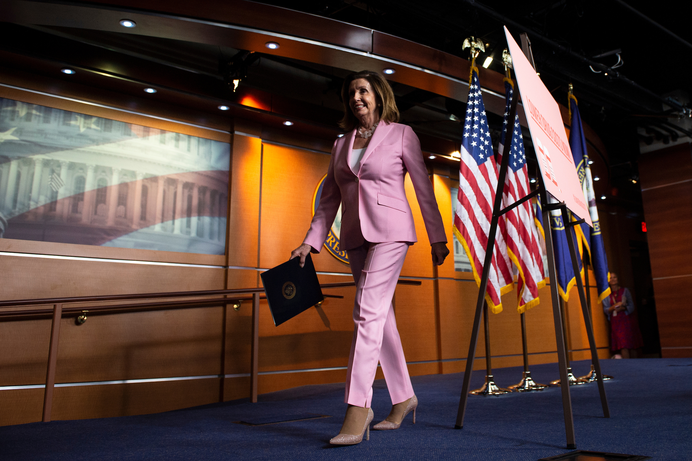 Speaker of the House Nancy Pelosi, D-Calif., departs from a press conference at the Capitol in Washington on Thursday, Sept. 19, 2019. The House passed an interim funding bill Thursday afternoon, extending appropriations through Nov. 21. (Caroline Brehman/CQ Roll Call)