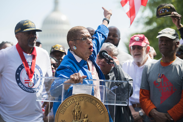 UNITED STATES - SEPTEMBER 16: Del. Eleanor Holmes Norton, D-D.C., conducts a rally on Pennsylvania Avenue, NW, with 51 military veterans ahead of this week’s House Oversight and Reform Committee hearing on a bill that would make D.C. the 51st state, on Monday, September 16, 2019. (Photo By Tom Williams/CQ Roll Call)