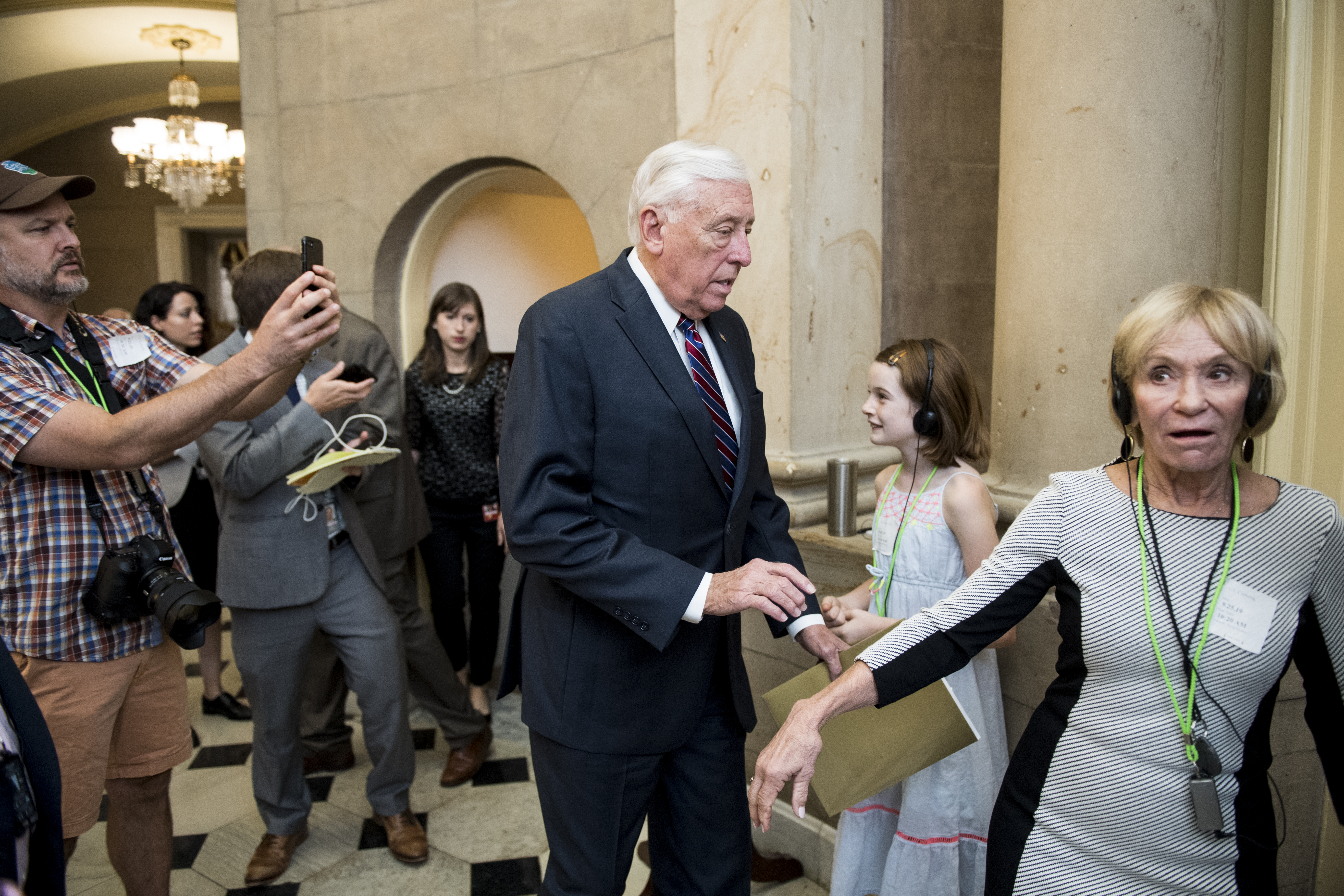 UNITED STATES - SEPTEMBER 25: House Majority Leader Steny Hoyer, D-Md., navigates through a crowd of tourists as he arrives for a meeting in Speaker Pelosi’s office in the Capitol on Wednesday, Sept. 25, 2019. (Photo By Bill Clark/CQ Roll Call)