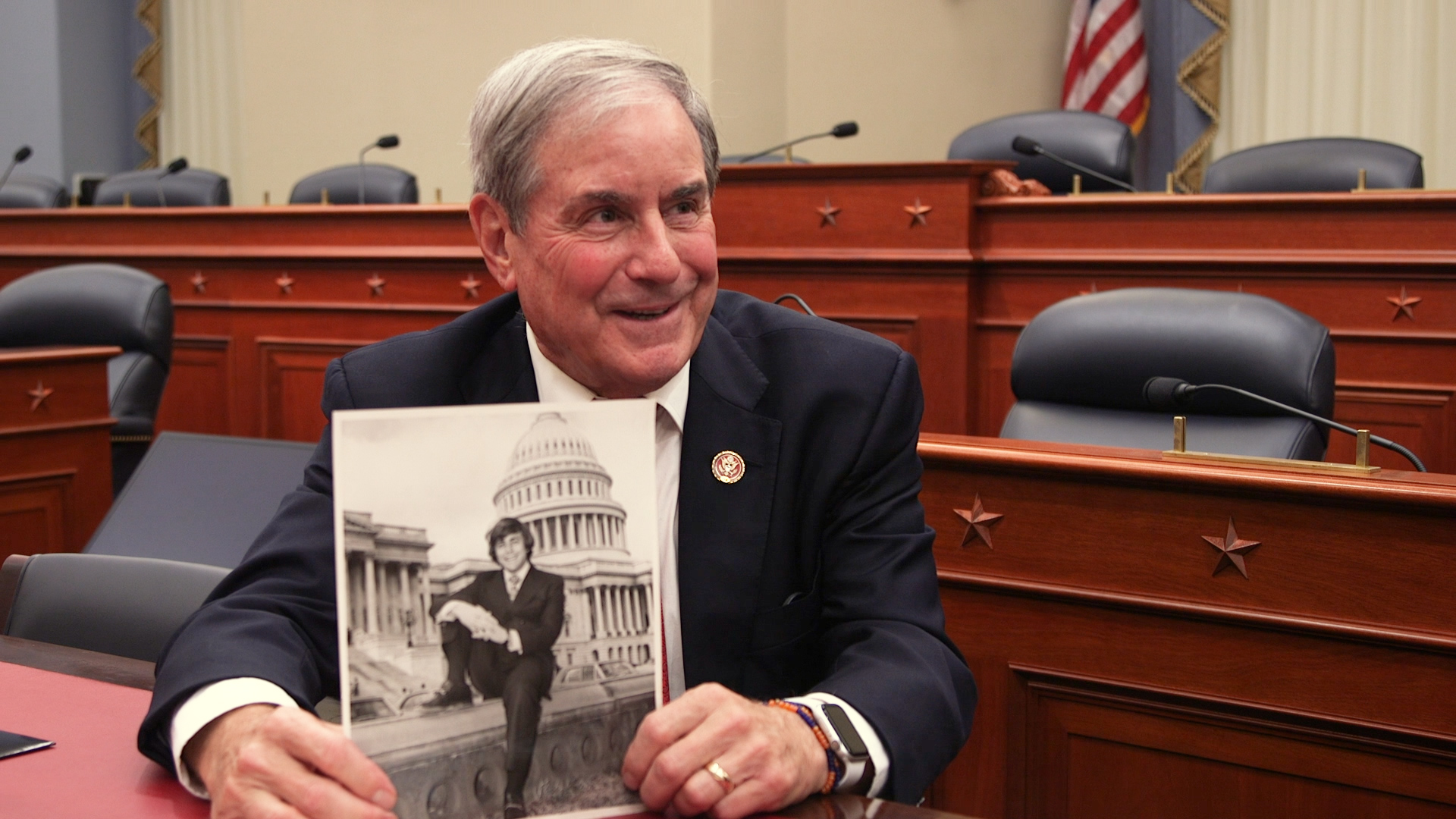 Kentucky Rep. John Yarmuth holds a photo of himself as a staffer that was printed in Roll Call in 1971 as an April Fools’ joke. (Thomas McKinless/CQ Roll Call)