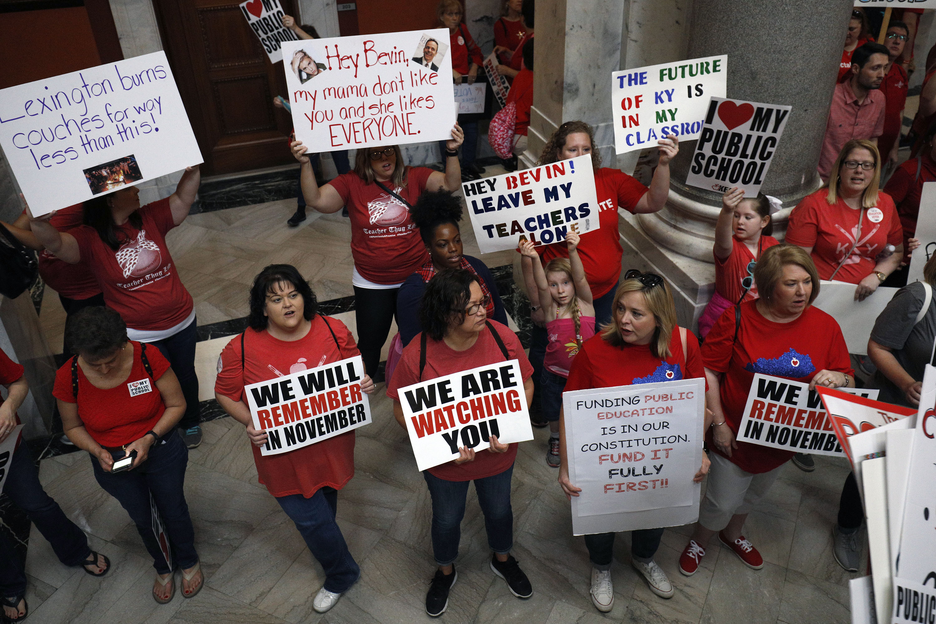 Kentucky Public school teachers protest Governor Matt Bevin's recent veto of the state's tax and budget bills in April in Frankfort, Kentucky. (Bill Pugliano/Getty Images)