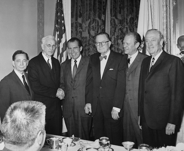 Luncheon speakers at a dining room in the Capitol. Left to Right: Representative Carl Albert and John William McCormack, Richard M. Nixon, Gerald Ford and others. (Photo by Mickey Senko/CQ Roll Call)