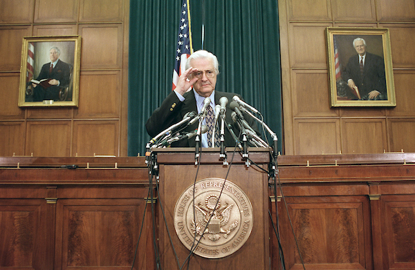 House Judiciary Chairman Henry J. Hyde presided over the impeachment hearings of President Bill Clinton in 1998. At left is the portrait of Peter Rodino, the Judiciary chairman when the committee approved impeachment articles against President Richard Nixon.(Scott J. Ferrell/CQ Roll Call file photo)