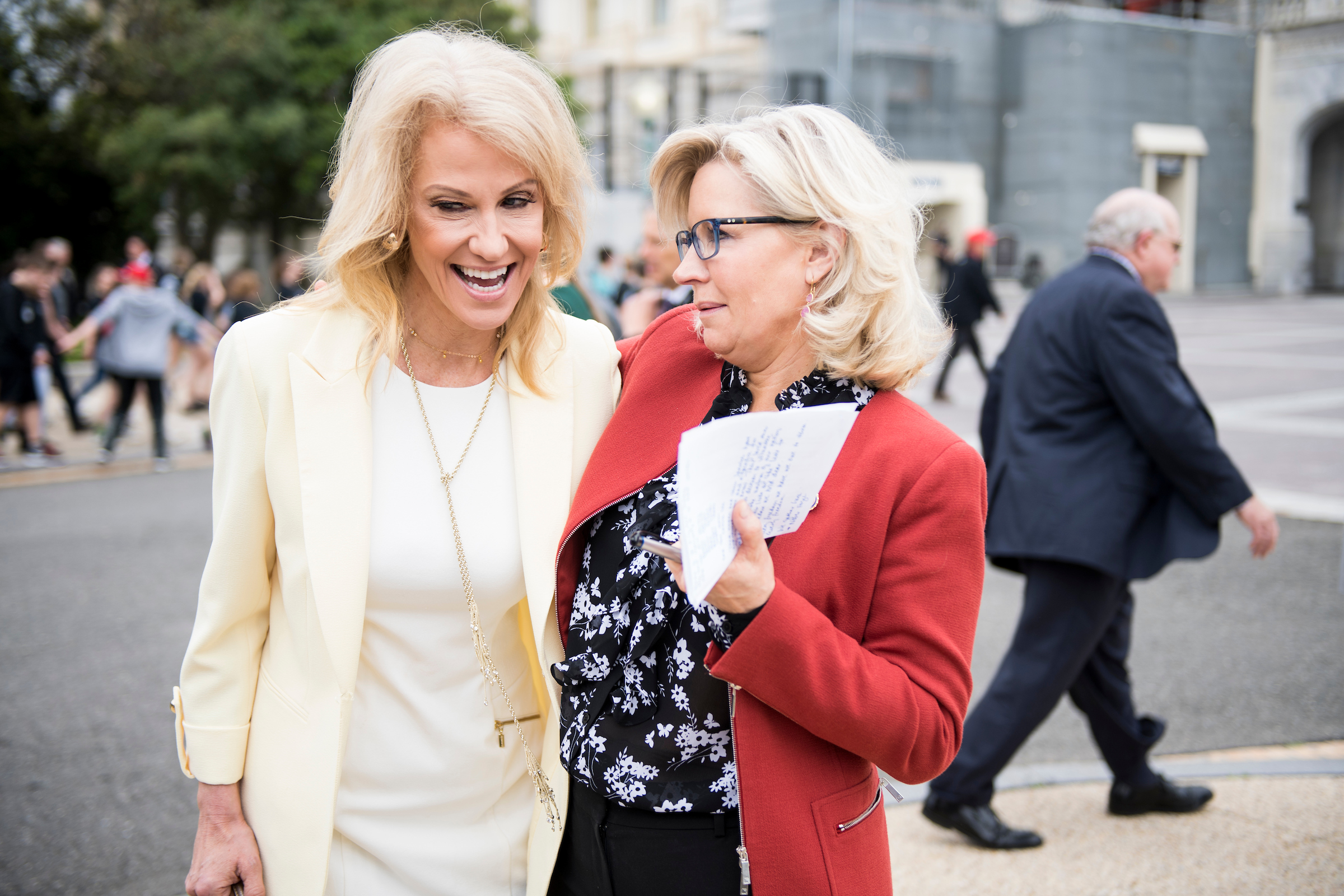 White House counselor Kellyanne Conway and House Republican Conference Chair Liz Cheney, R-Wyo., talk as they arrive for a press conference at the Capitol on May 9. Cheney accused House Speaker Nancy Pelosi of having “neutered” the Intelligence Committee because of Democrats’ impeachment inquiry. (Bill Clark/CQ Roll Call)