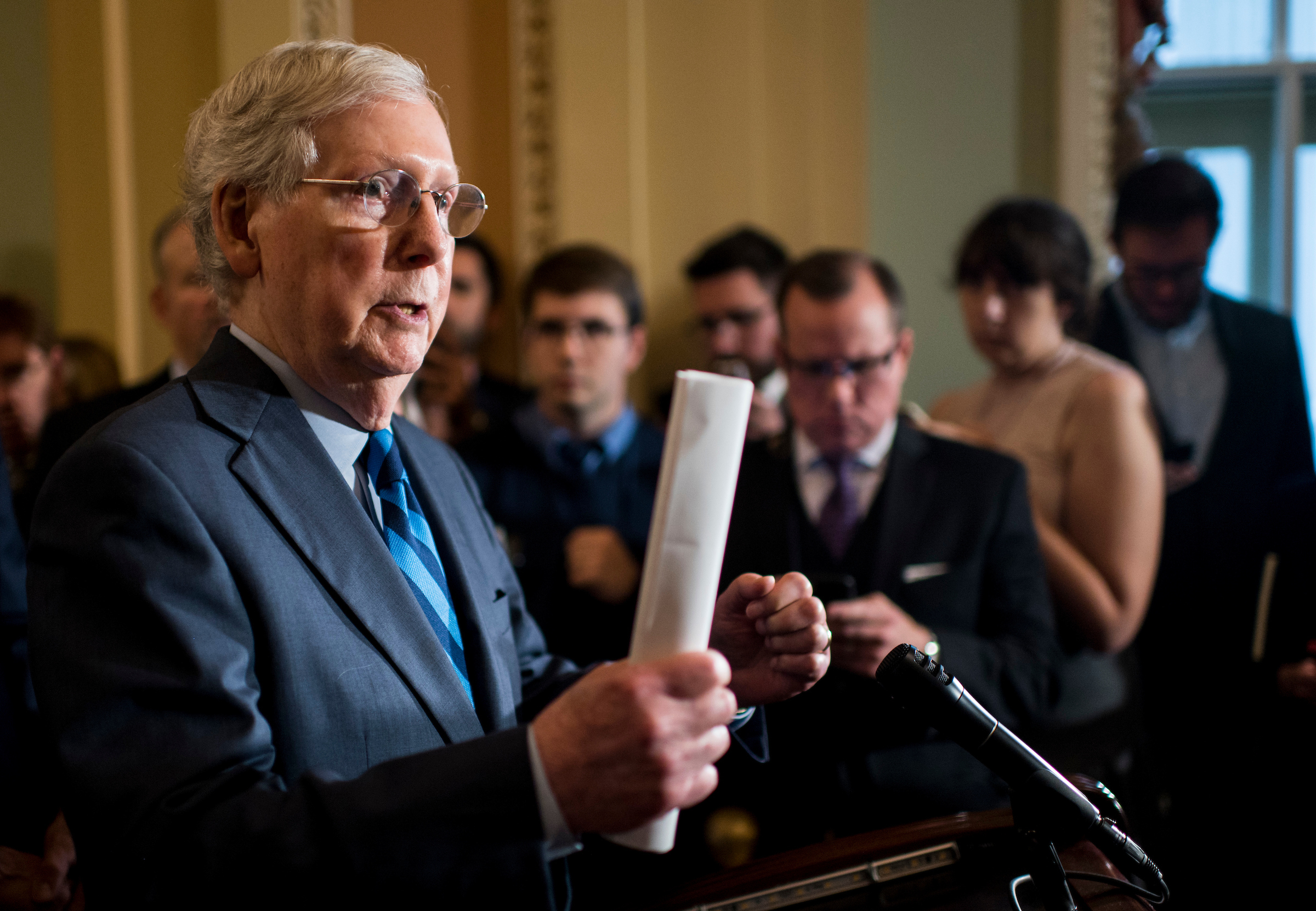 Senate Majority Leader Mitch McConnell, R-Ky., speaks in the Capitol on Oct. 16, 2019. The chamber expects to jump-start the appropriations process, taking up four spending bills with bipartisan support this week. (Bill Clark/CQ Roll Call)