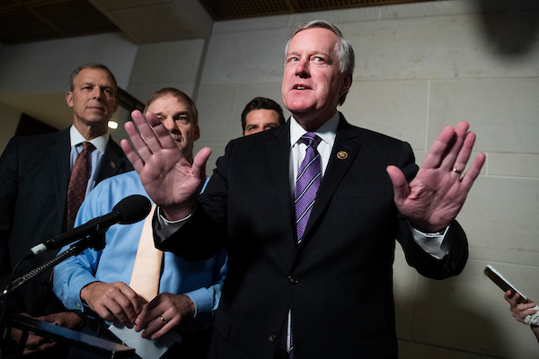 From right, Reps. Mark Meadows, Matt Gaetz, Jim Jordan and Scott Perry are among the president‘s top defenders in the House. (Tom Williams/CQ Roll Call)