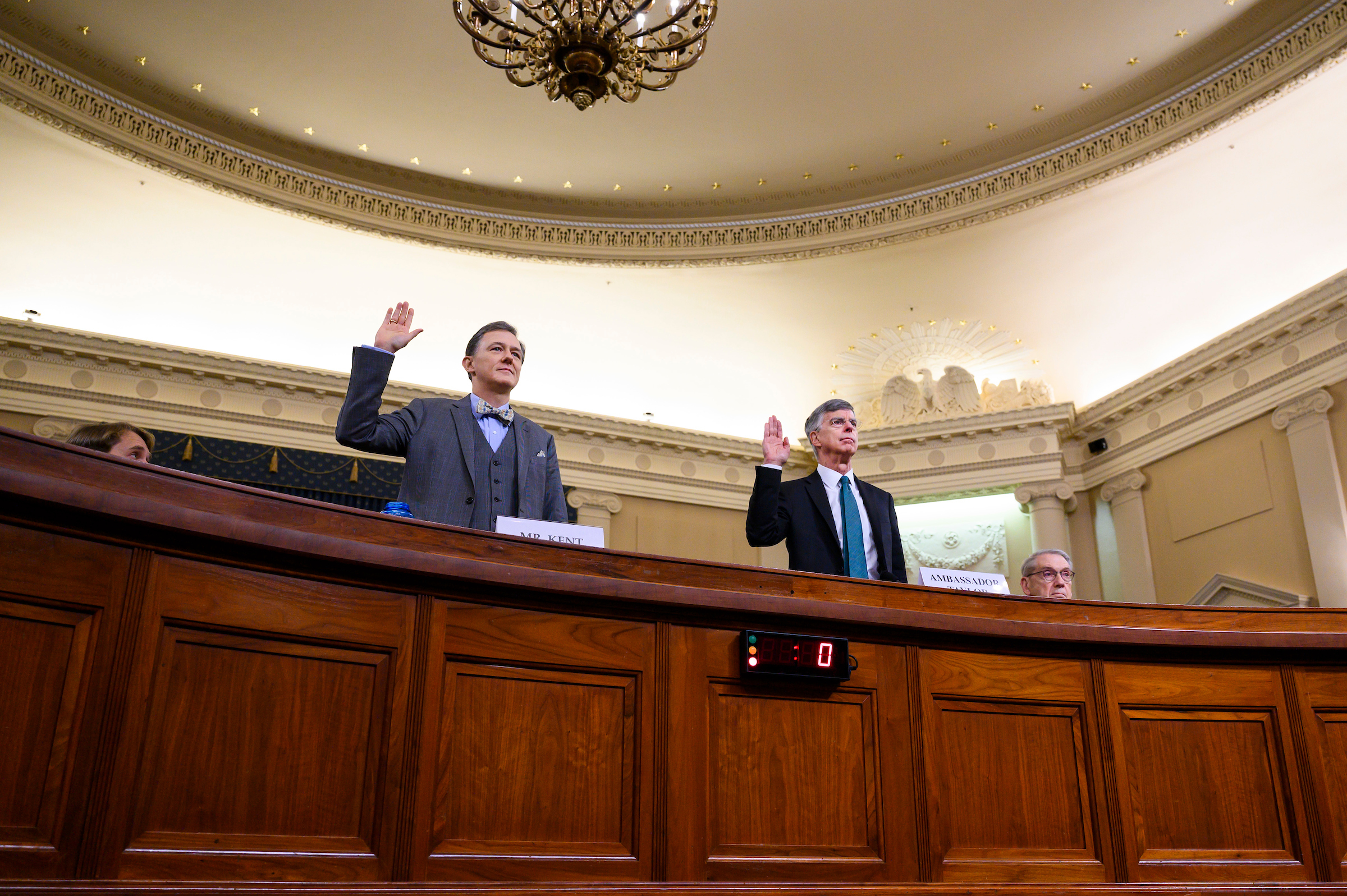 William Taylor, the senior U.S. diplomat in Ukraine, and George Kent, deputy assistant secretary for European and Eurasian Affairs, are sworn in at the House Intelligence Committee hearing. (Tom Williams/CQ Roll Call)