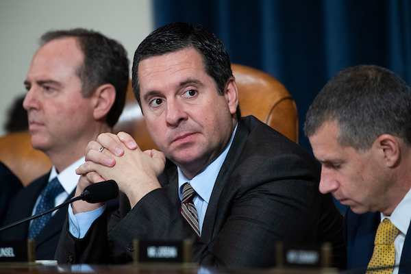 From left, Chairman Adam B. Schiff, D-Calif., ranking member Rep. Devin Nunes, R-Calif., and minority counsel Steve Castor attend the House Intelligence Committee hearing on the impeachment inquiry of President Trump in Longworth Building on Tuesday, November 19, 2019. (Tom Williams/CQ Roll Call)