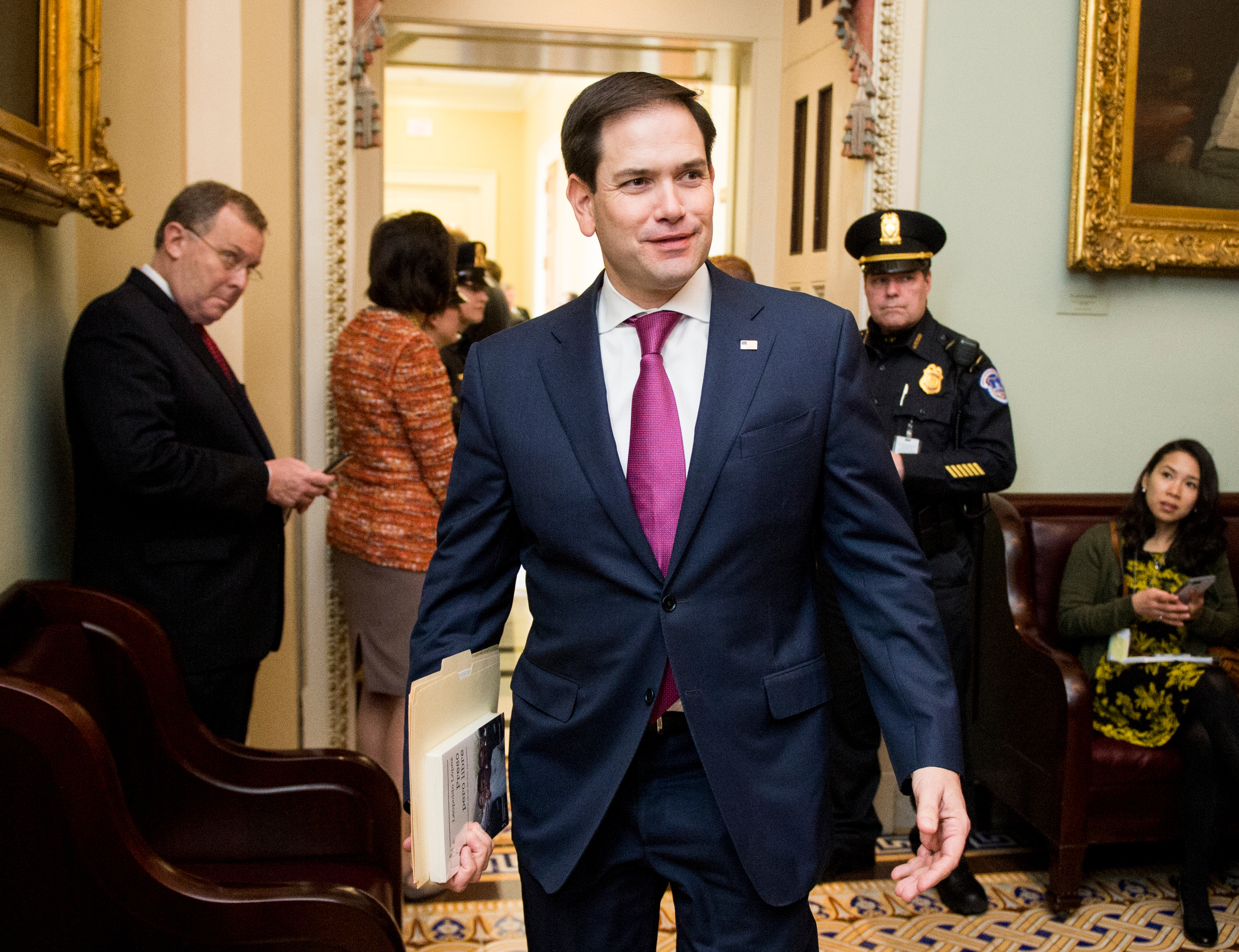 UNITED STATES - FEBRUARY 14: Sen. Marco Rubio, R-Fla., leaves the Senate Republicans' policy lunch in the Capitol on Tuesday, Feb. 14, 2017. (Photo By Bill Clark/CQ Roll Call)