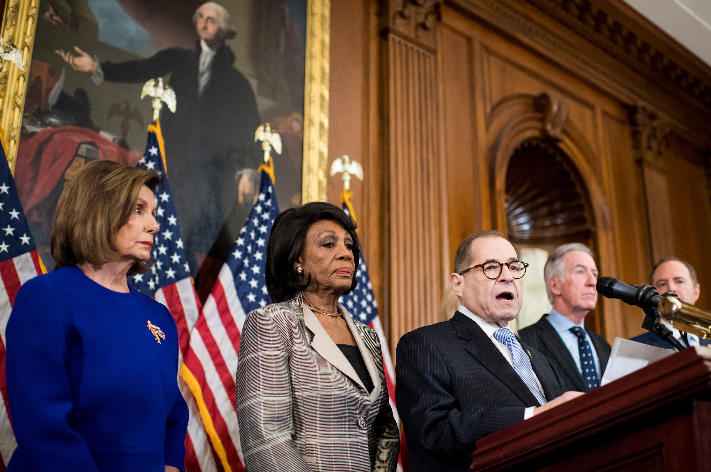 House Judiciary Chairman Jerrold Nadler announces the charges against President Donald Trump as, from left, Speaker Nancy Pelosi, and chairmen Maxine Waters, Richard Neal and Adam Schiff listen. (Bill Clark/CQ Roll Call)