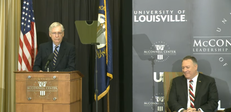 Senate Majority Leader Mitch McConnell, R-Ky., welcomed Secretary of State Mike Pompeo to the University of Louisville on Monday. (University of Louisville/screenshot)