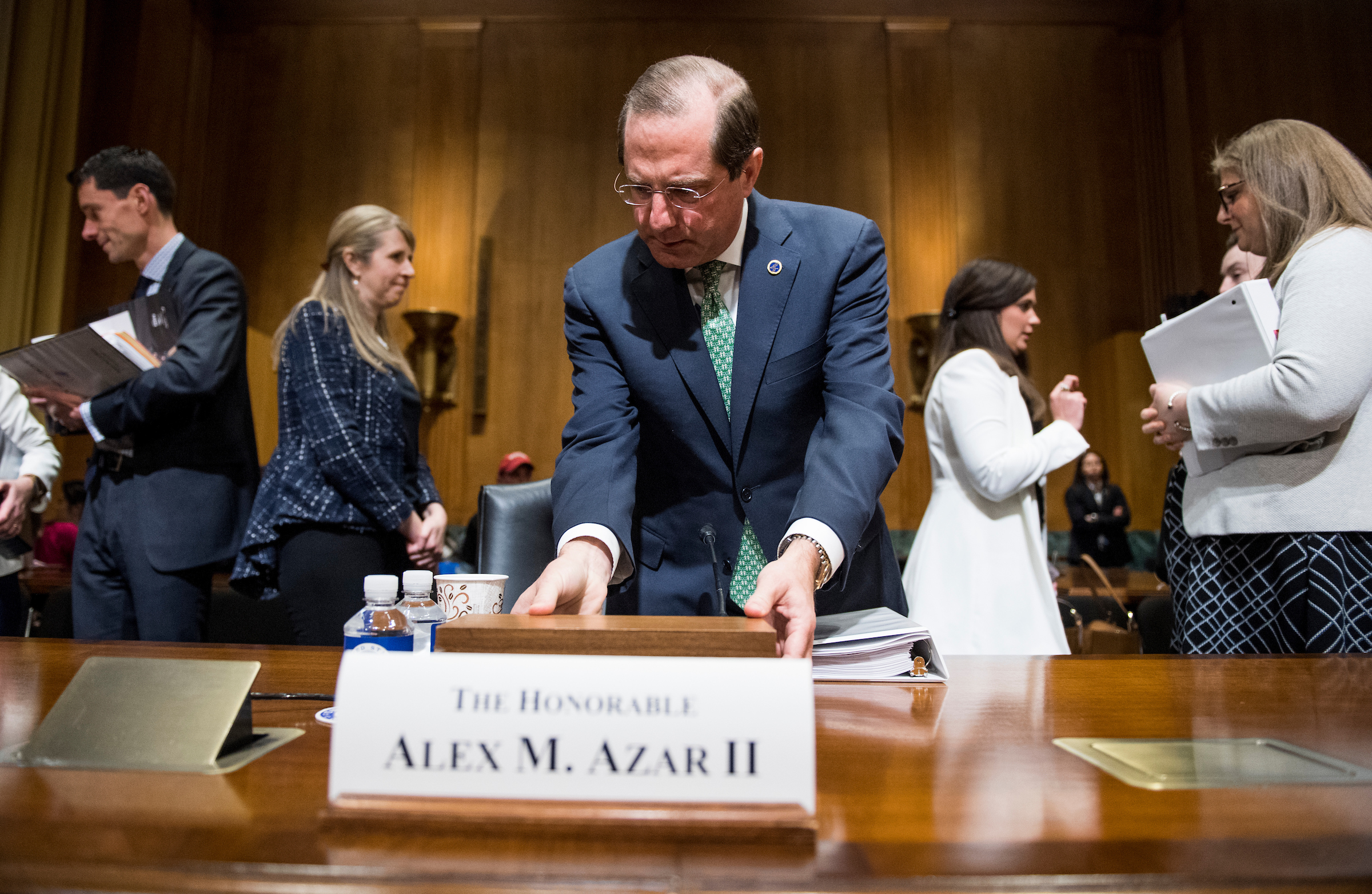 Secretary of Health and Human Services Alex Azar arrives for the start of a Senate Finance Committee hearing on March 14, 2019. (Bill Clark/CQ Roll Call file photo)