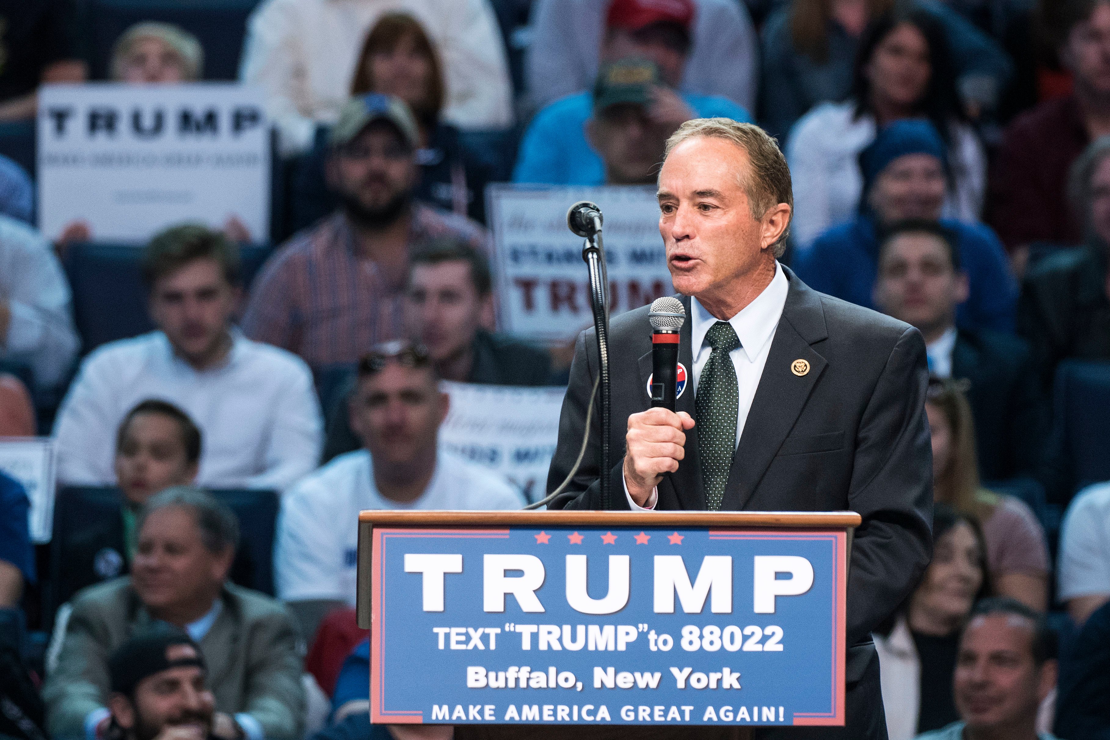 UNITED STATES - APRIL 18 - Republican presidential candidate Donald Trump speaks at a campaign rally at the First Niagara Center, in Buffalo, N.Y., Monday, April 19, 2016. Rep. Chris Collins, pictured, was the first congressional endorsement for Trump. (Photo By Al Drago/CQ Roll Call)