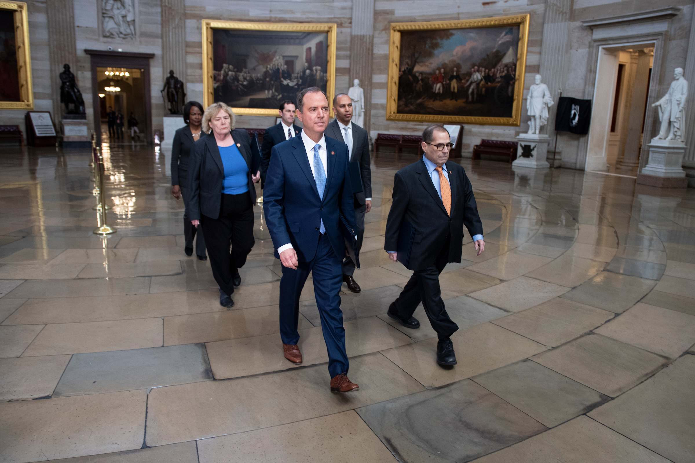 UNITED STATES - JANUARY 16: Rep. Adam Schiff, D-Calif., Rep. Jerrold Nadler, D-N.Y., Rep. Zoe Lofgren, D-Calif., Democratic Caucus Chair Hakeem Jeffries, D-N.Y., Rep. Val Demings, D-Fla., Rep. Jason Crow, D-Colo., and Rep. Sylvia Garcia, D-Texas, walk through the Capitol Rotunda as they pass from the House to the Senate on Thursday, Jan. 16, 2020. (Photo by Caroline Brehman/CQ Roll Call)