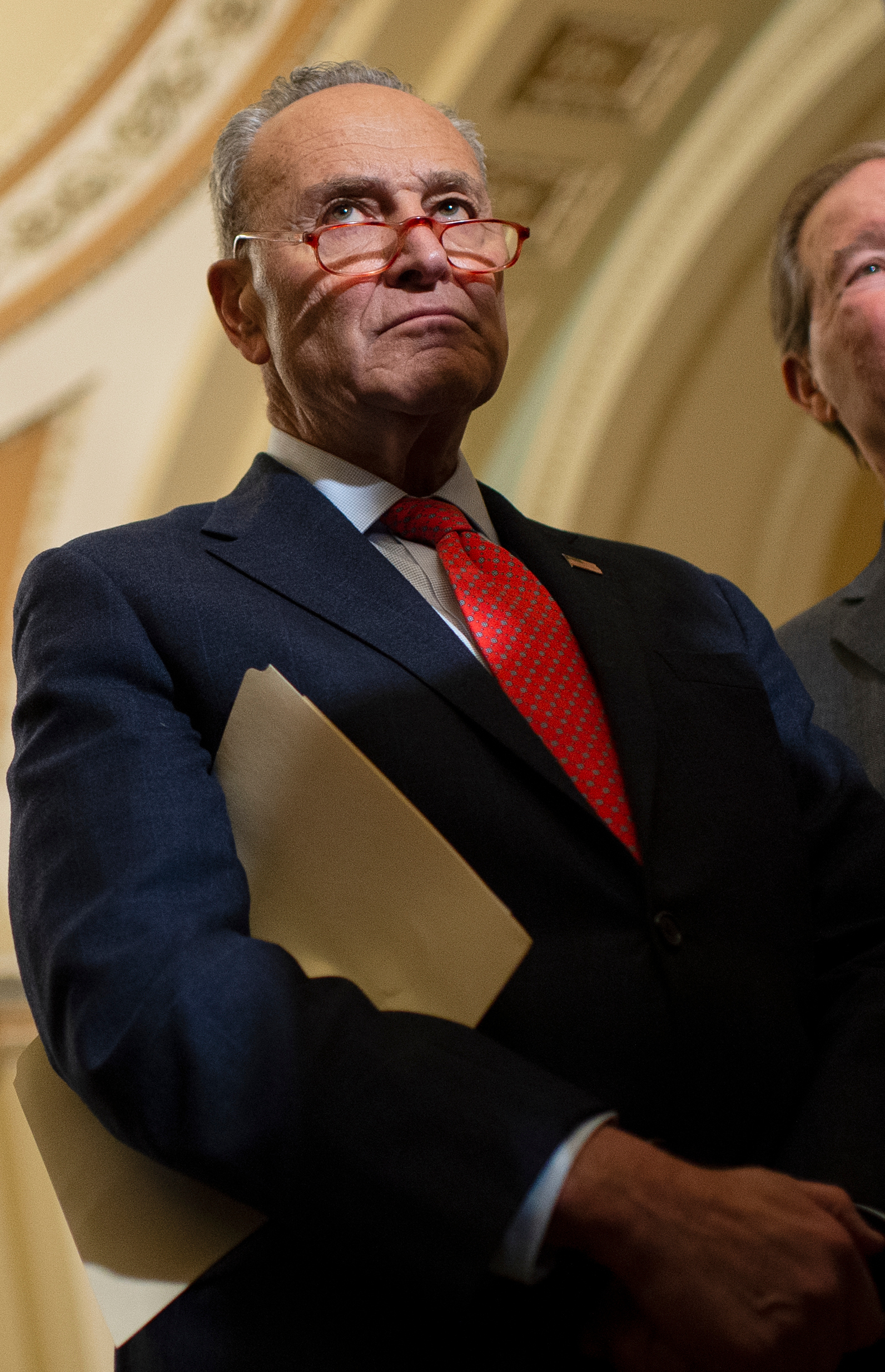 UNITED STATES - JANUARY 14: Senate Minority Leader Chuck Schumer, D-N.Y., attends a news conference following the Senate Democrats' policy lunch on Tuesday Jan. 14, 2020. (Photo by Caroline Brehman/CQ Roll Call)
