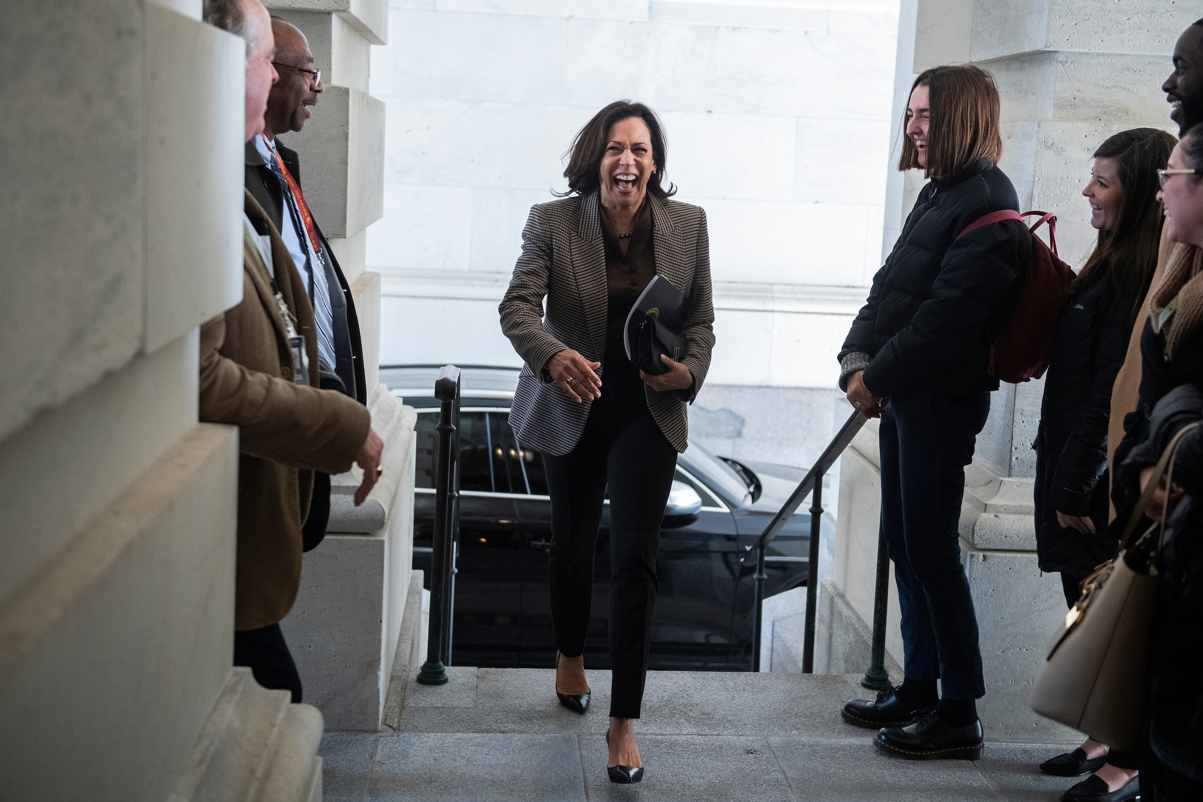 Sen. Kamala Harris, D-Calif., arrives to the Senate carriage entrance of the Capitol before the continuation of the impeachment trial of President Donald Trump on Wednesday. (Tom Williams/CQ Roll Call)