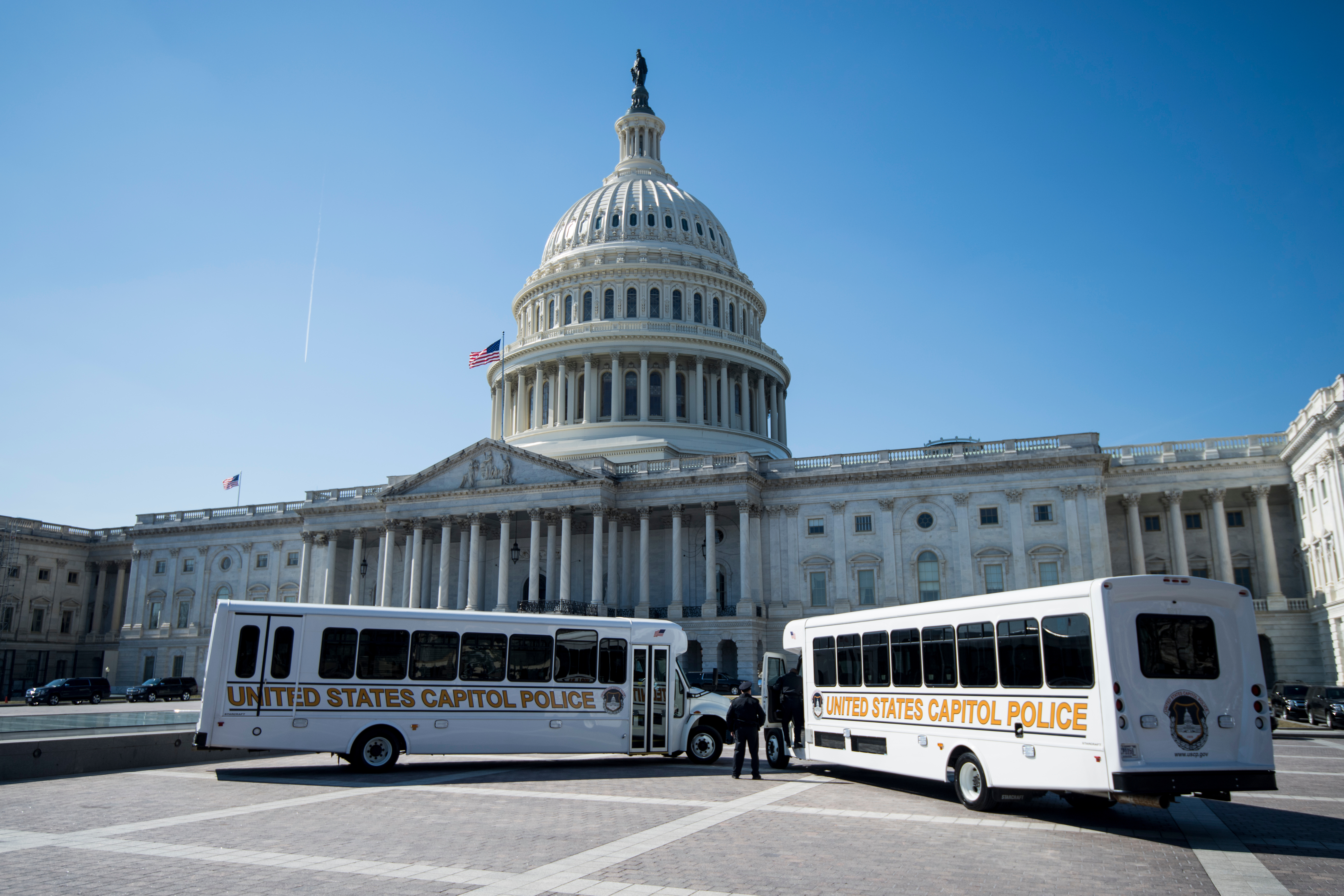 UNITED STATES - FEBRUARY 28: U.S. Capitol Police buses parked on the East Plaza of the Capitol on Thursday, Feb. 28, 2019. (Photo By Bill Clark/CQ Roll Call)