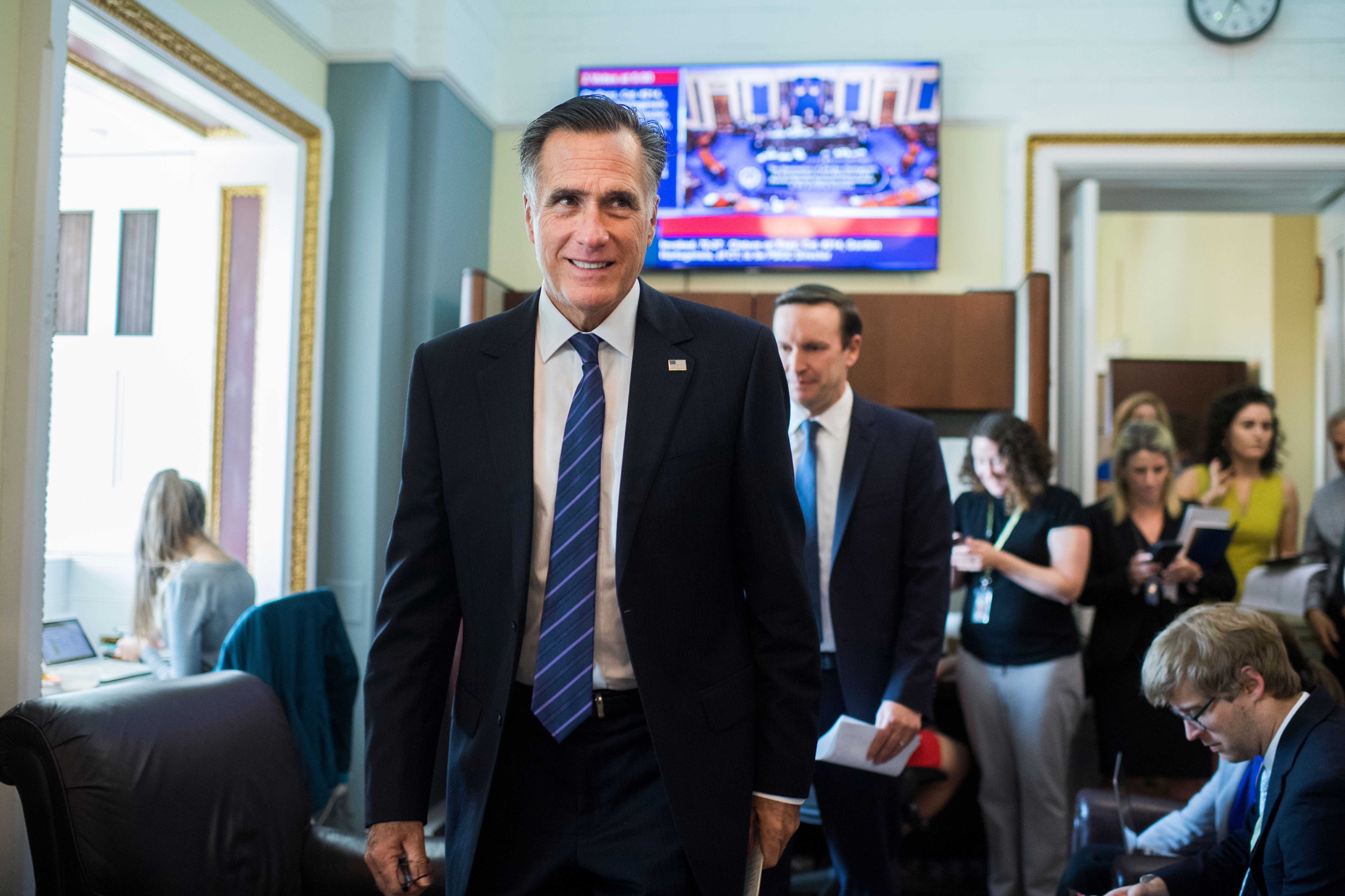 UNITED STATES - APRIL 30: Sens. Mitt Romney, R-Utah, left, and Chris Murphy, D-Conn., arrive for a briefing in the Capitol to discuss a recent congressional delegation trip to the Middle East on Tuesday, April 30, 2019. (Photo By Tom Williams/CQ Roll Call)