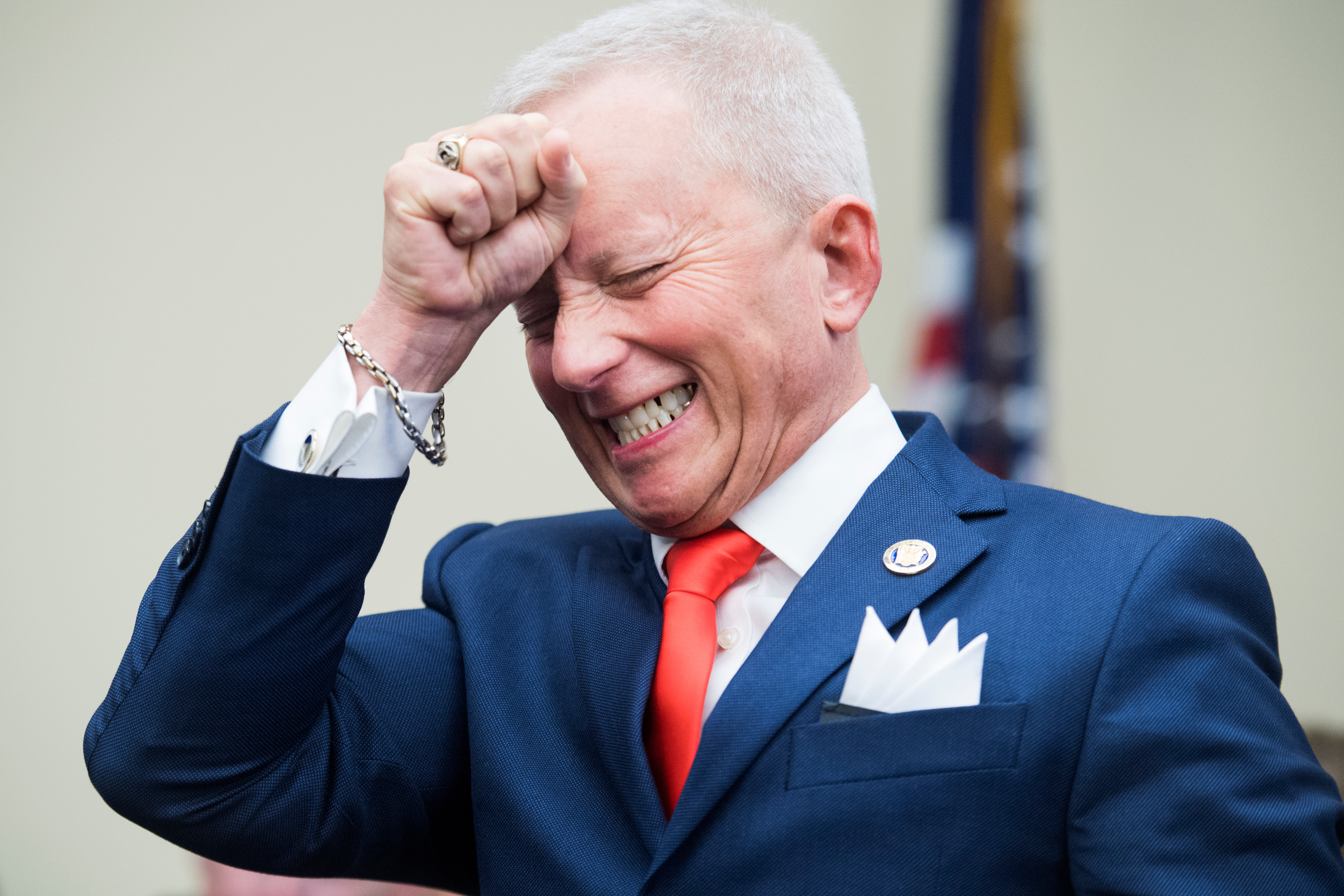 UNITED STATES - NOVEMBER 30: Rep.-elect Jeff Van Drew, D-N.J., reacts after drawing a disappointing number during the new member room lottery draw for office space in Rayburn Building on November 30, 2018. (Photo By Tom Williams/CQ Roll Call)